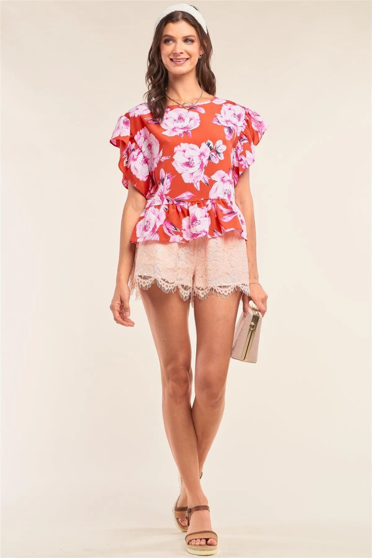 Red Multicolor Floral Print Relaxed Fit Self-Tie Crew Neck Flare Hem Detail Top /1-2-2-1 - Tasha Apparel Wholesale