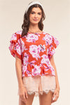 Red Multicolor Floral Print Relaxed Fit Self-Tie Crew Neck Flare Hem Detail Top