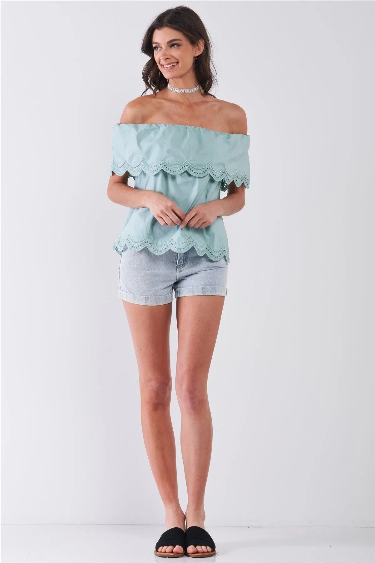 Seafoam Off-The-Shoulder Scallop Hem Short Sleeve Top /1-2-2-1 - Tasha Apparel Wholesale