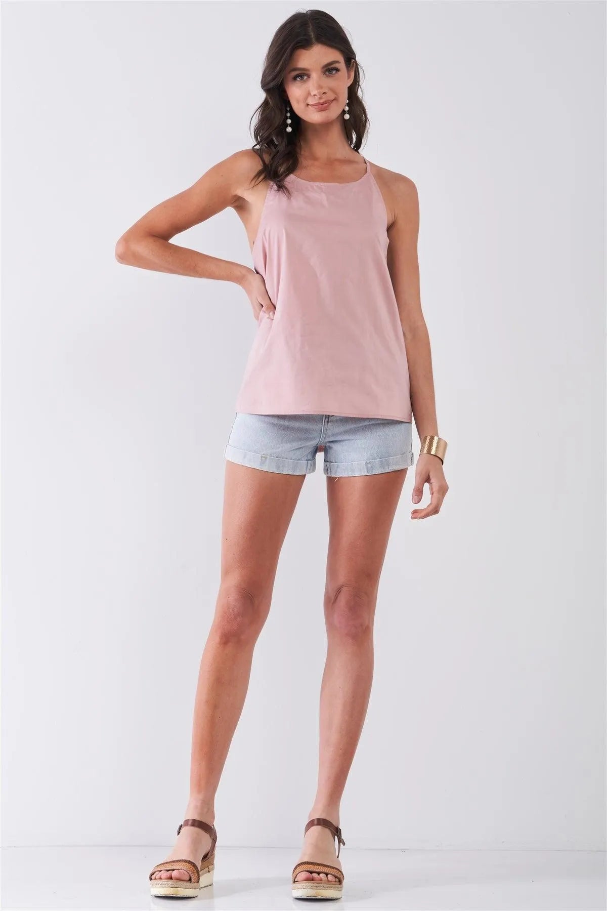 Blush Round Neck Sleeveless Criss-Cross Back Loose Fit Top /1-2-2-1 - Tasha Apparel Wholesale