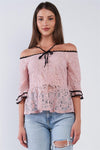Dusty Pink Off The Shoulder Cropped Lace Midi Sleeve Peplum Top