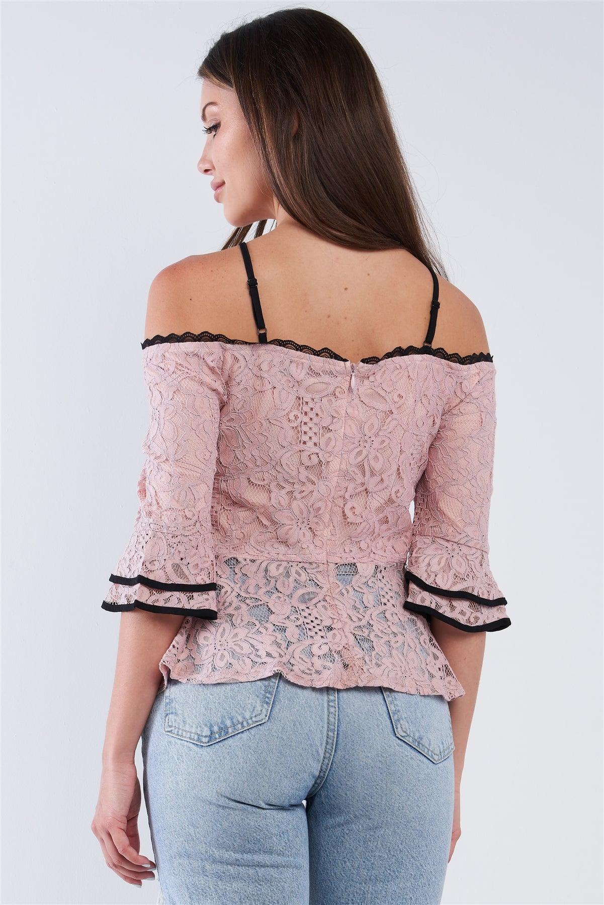 Dusty Pink Off The Shoulder Cropped Lace Midi Sleeve Peplum Top
