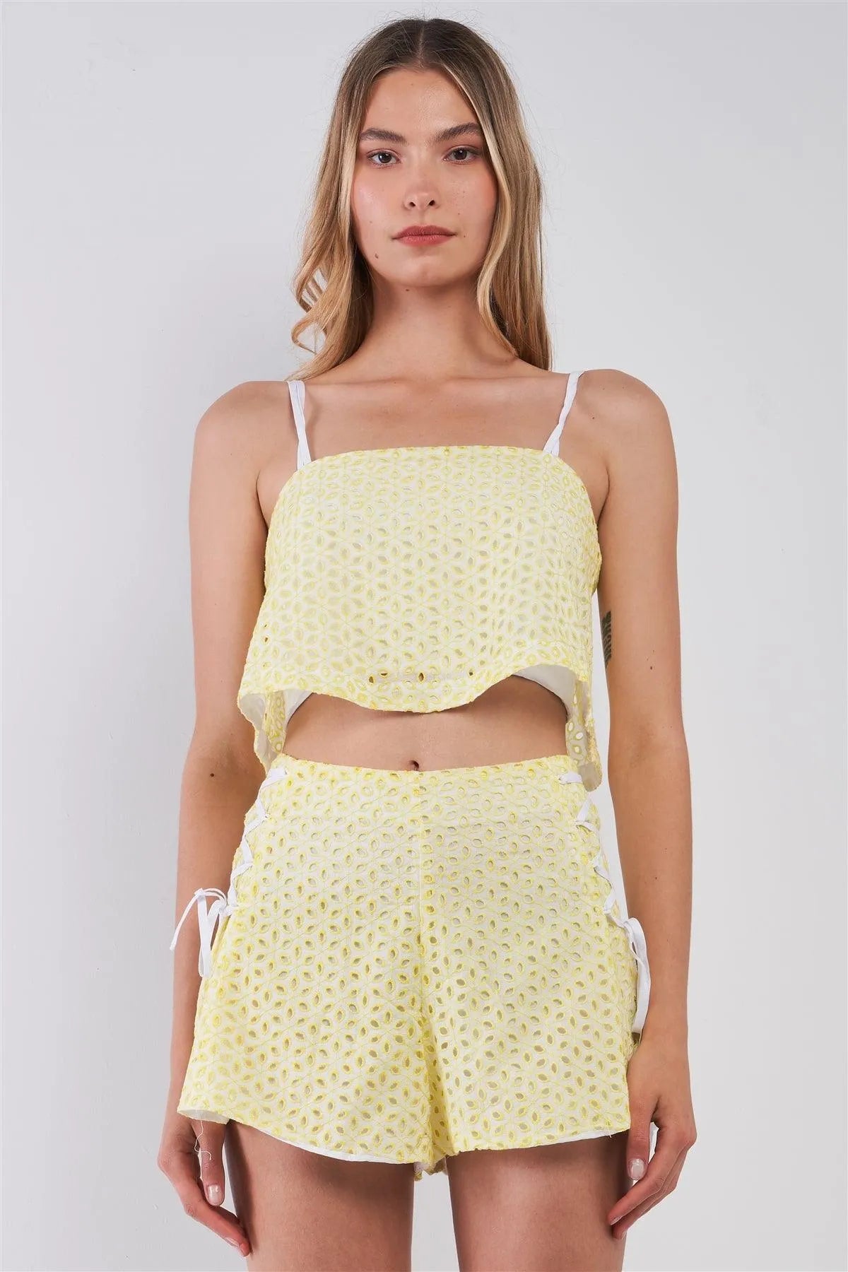 White & Yellow Floral Pattern Embroidery Sleeveless Square Neck Cropped Top & High-Waisted Side Lace-Up Sorts Two Piece Set /1-2-2-1 - Tasha Apparel Wholesale