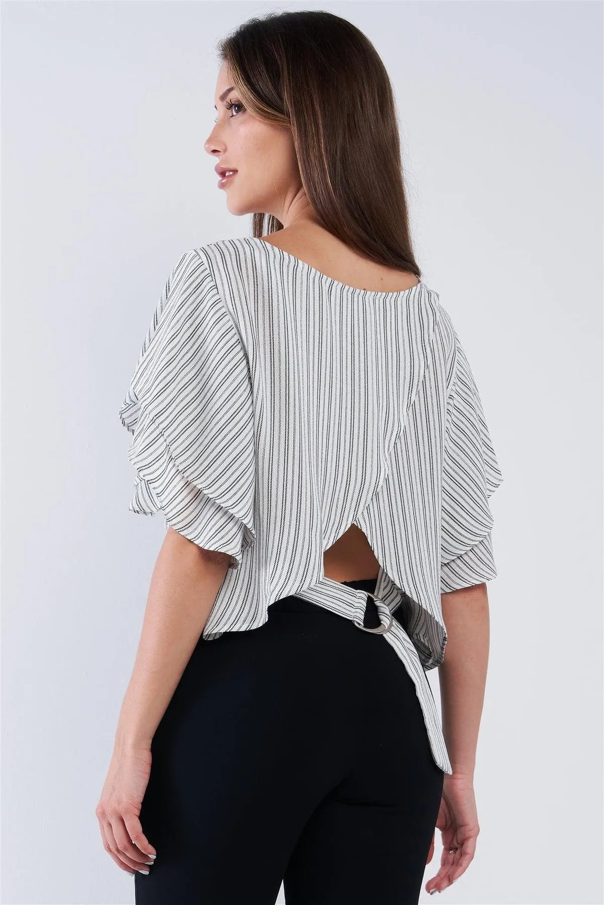 White Black Striped Ruffled Sleeve Backless Belted Blouse Top - Tasha Apparel Wholesale