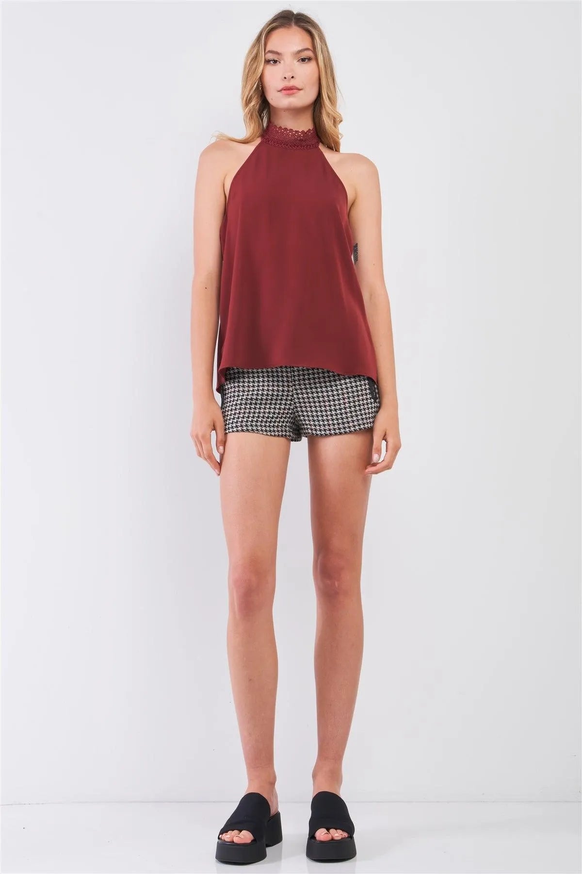 Maroon Red Sleeveless Crochet Halter Neck Detail Open Back Babydoll Top /1-2-2-1 - Tasha Apparel Wholesale