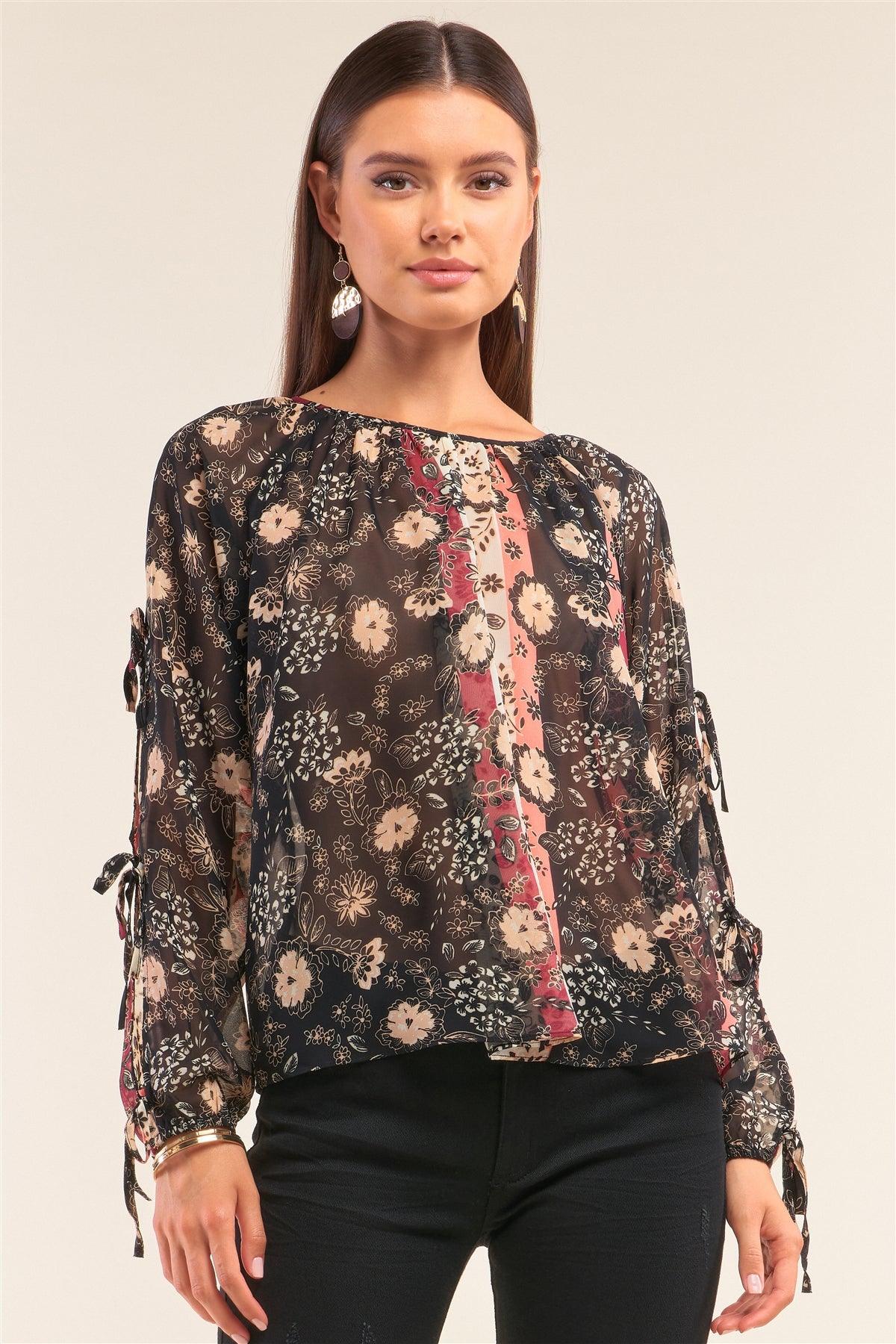 Black Multi Floral Print Relaxed Fit Long Sleeve Self Tie Detail Chiffon Top