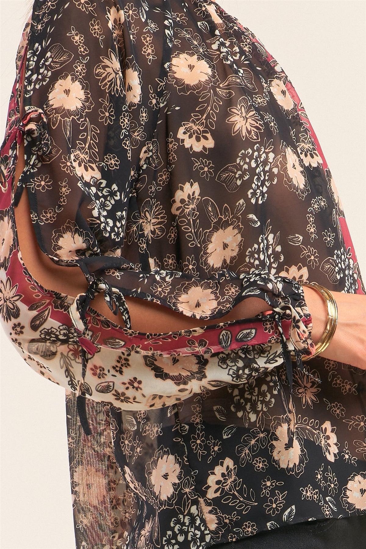 Black Multi Floral Print Relaxed Fit Long Sleeve Self Tie Detail Chiffon Top