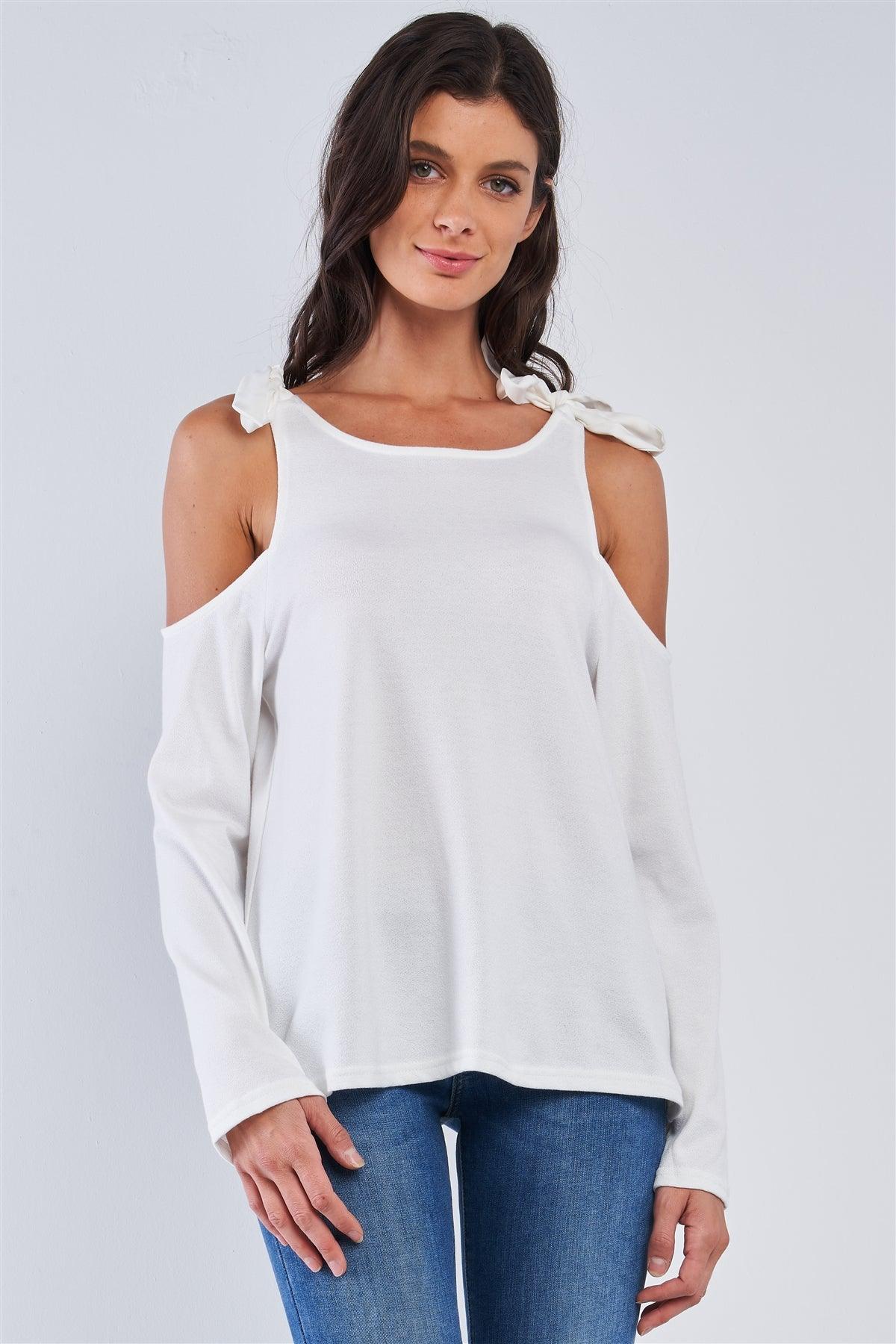 White Off-The-Shoulder Long Sleeve Open Back Ribbon Self Ties Top