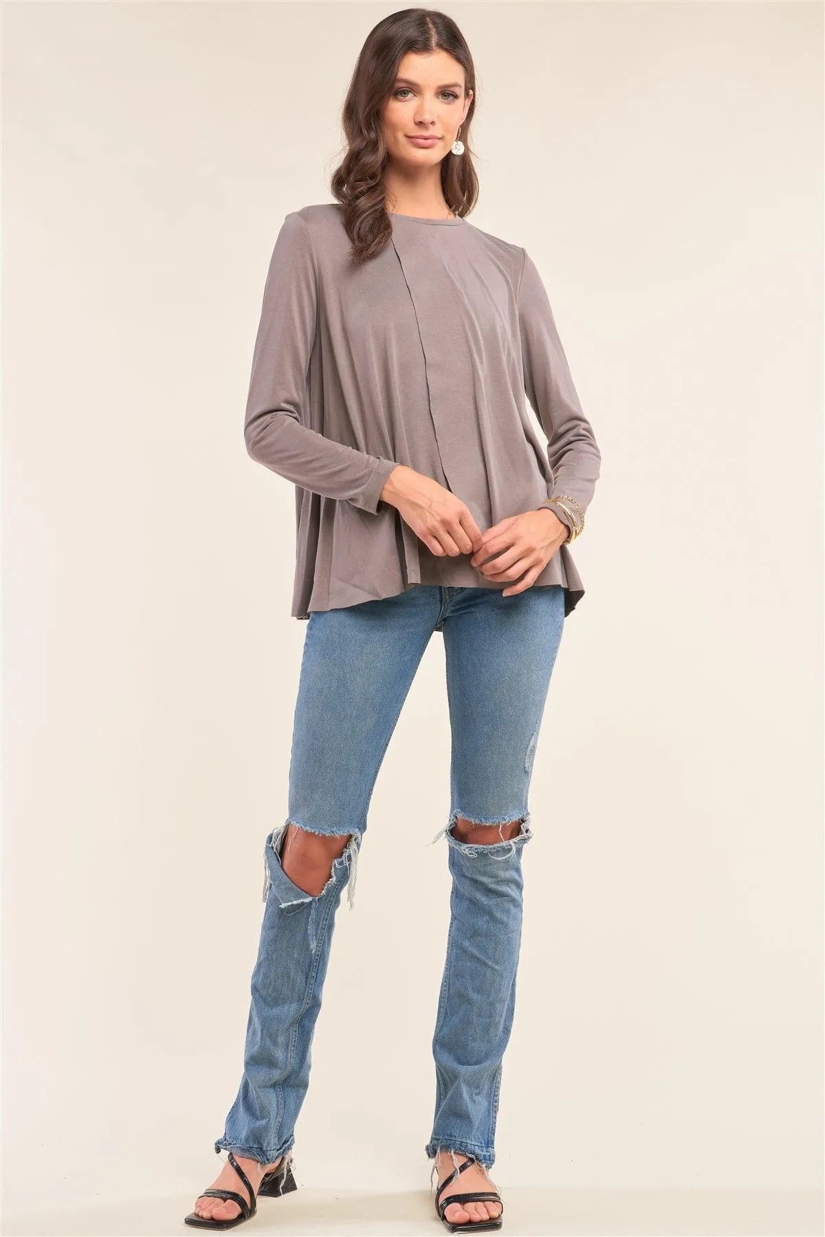 Stone Grey Loose Fit Long Sleeve Crew Neck Wrap Front Raw Hem Detail Top /1-2-2-1 - Tasha Apparel Wholesale