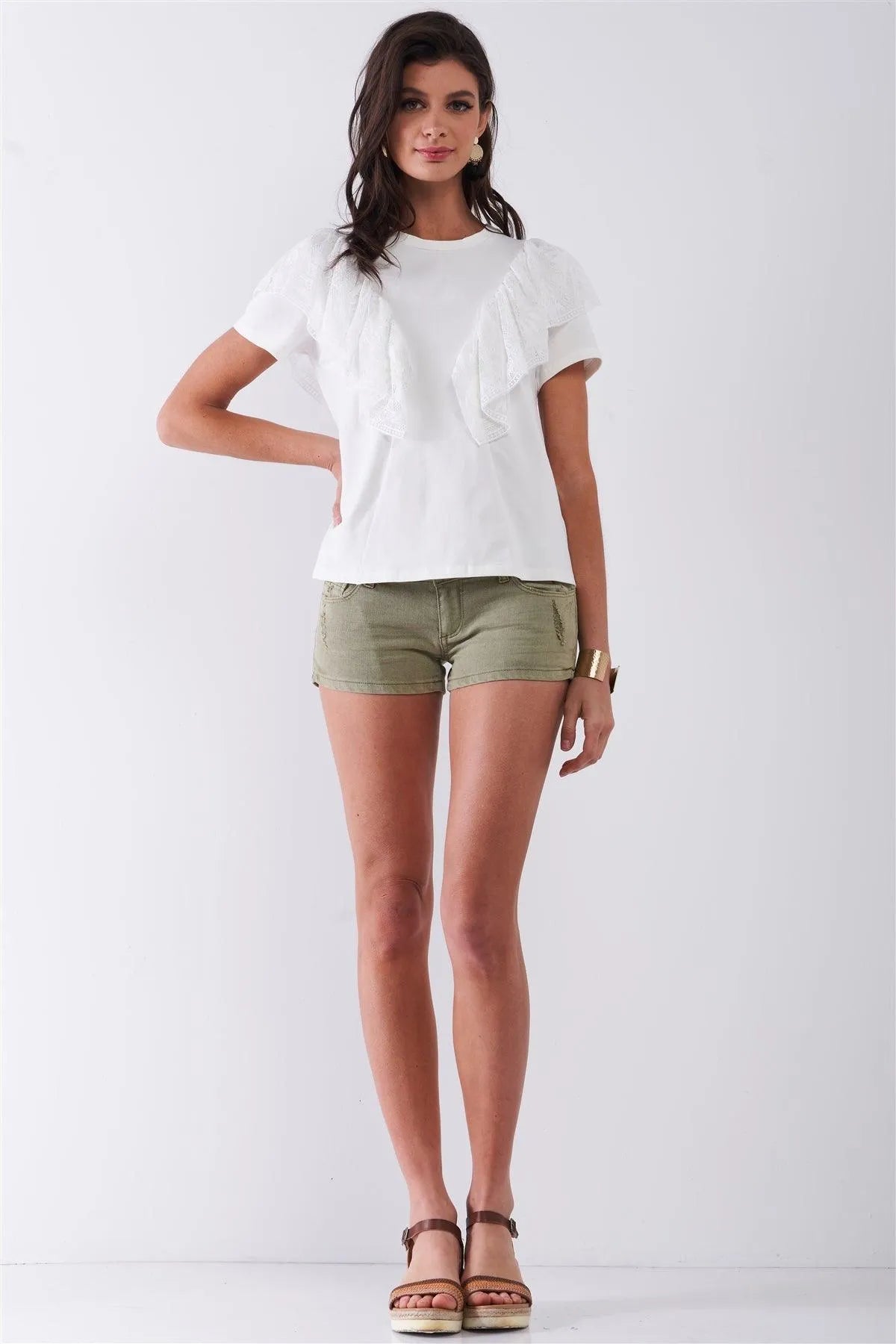White Short Sleeve Crew Neck Ruffle Lace Trim Detail T-Shirt Top /1-2-2-1 - Tasha Apparel Wholesale