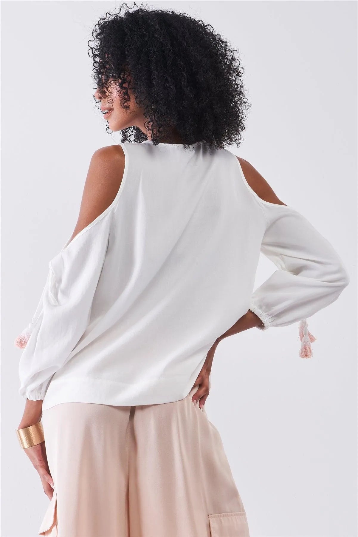 White Boho Cold Shoulder Balloon Sleeve Tassel Tie Neck Detail Relaxed Country Blouse Top /2-2-1 - Tasha Apparel Wholesale