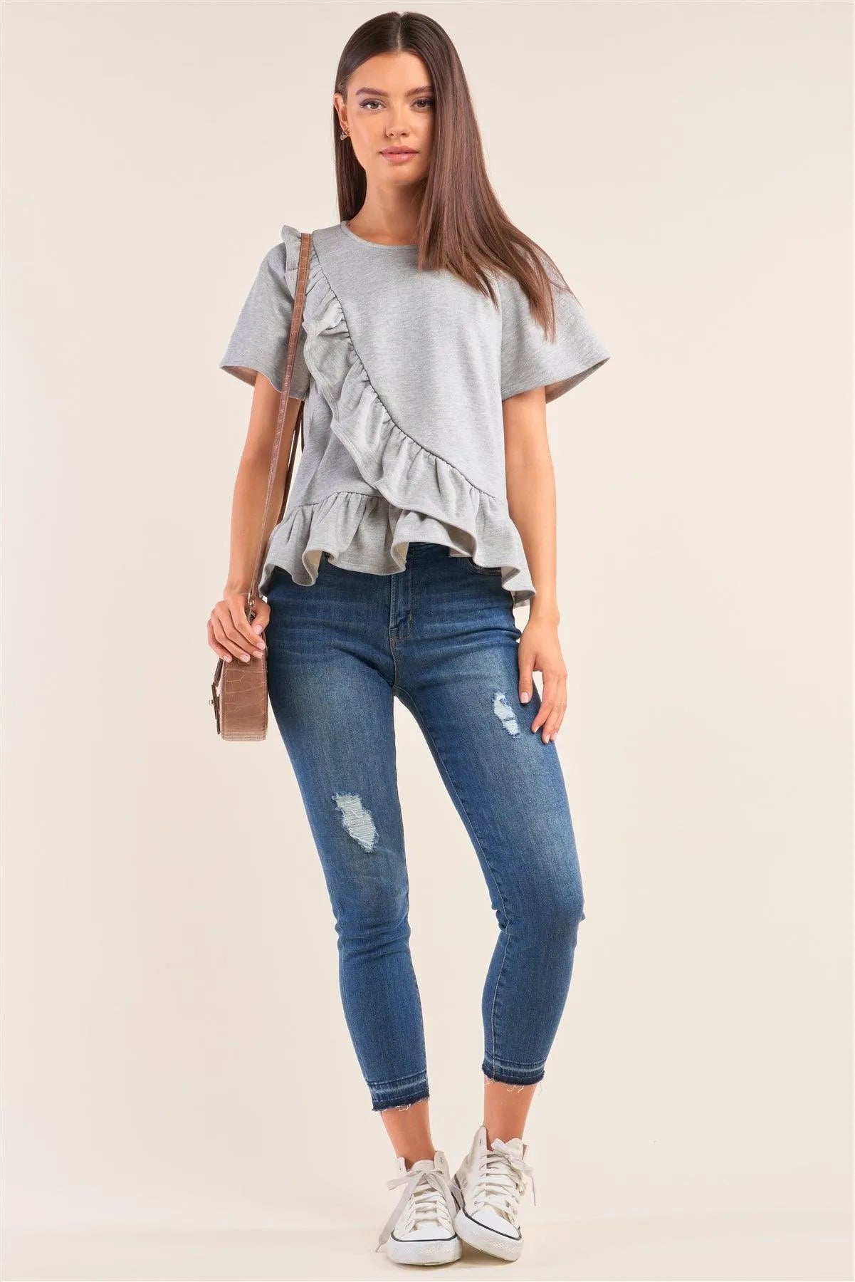 Heather Grey Short Sleeve Crew Neck Asymmetrical Ruffled Top /3-2 - Tasha Apparel Wholesale