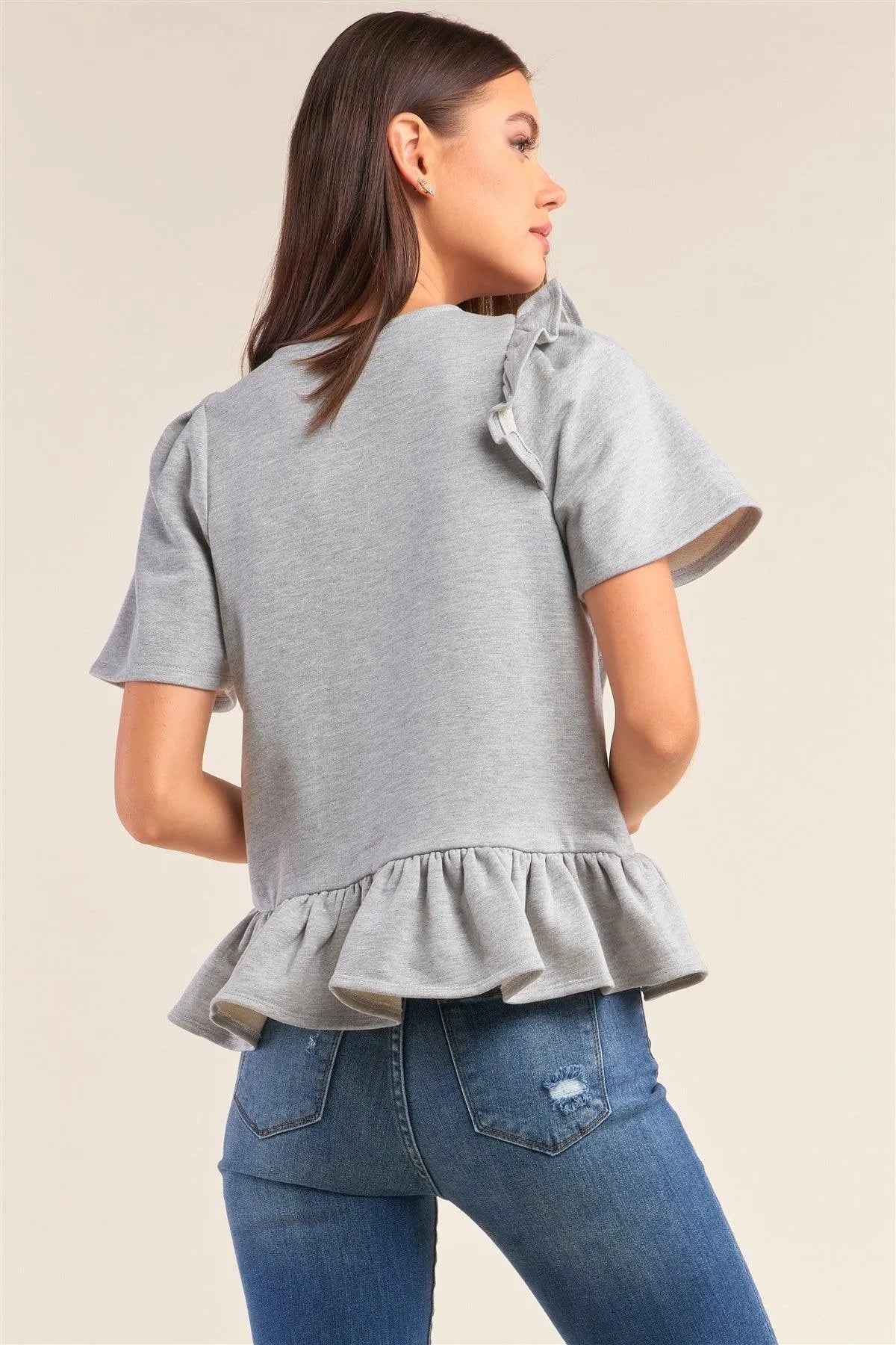 Heather Grey Short Sleeve Crew Neck Asymmetrical Ruffled Top /1-1-2-1 - Tasha Apparel Wholesale