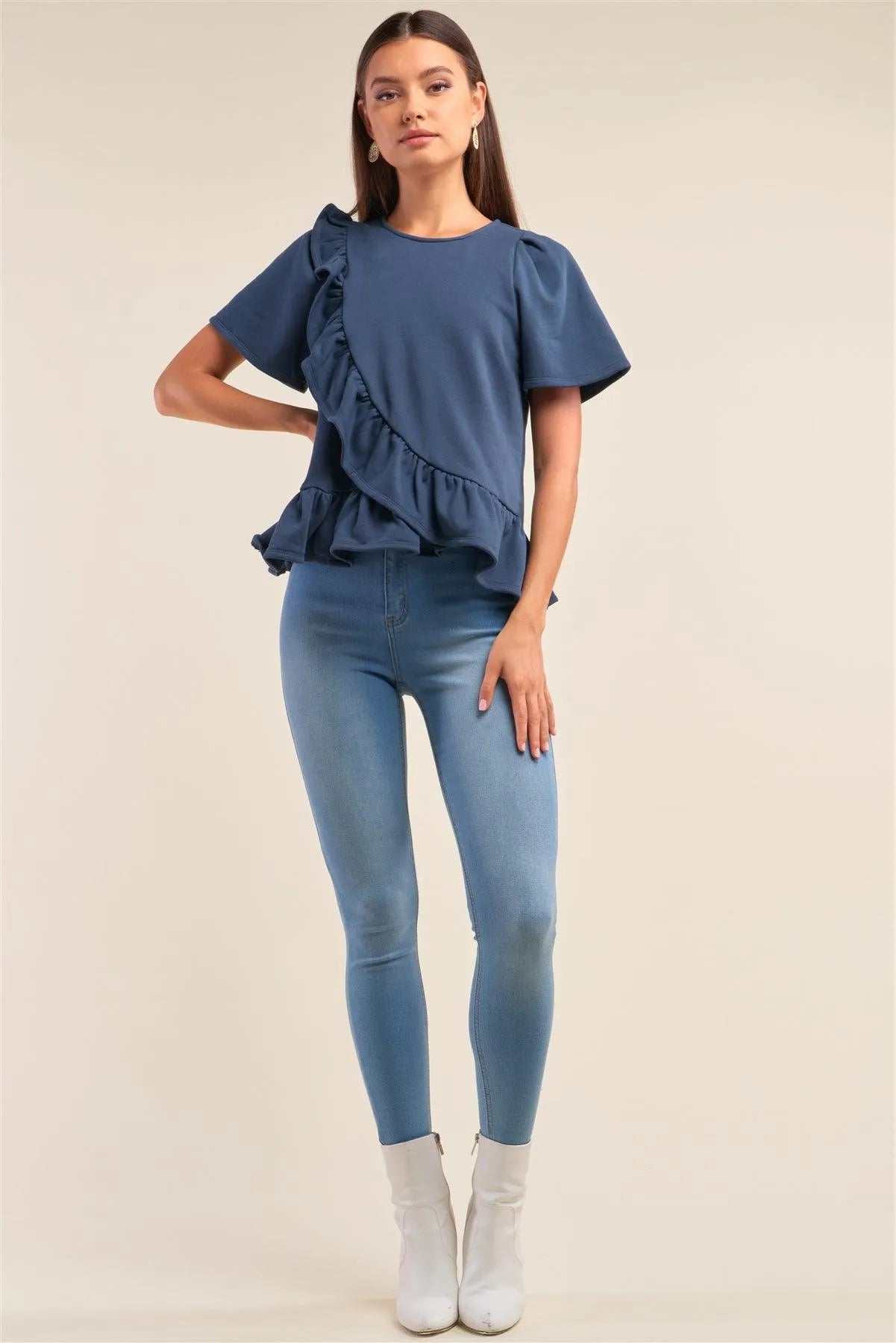 Slate Blue Short Sleeve Crew Neck Asymmetrical Ruffled Top /1-2-2-1 - Tasha Apparel Wholesale