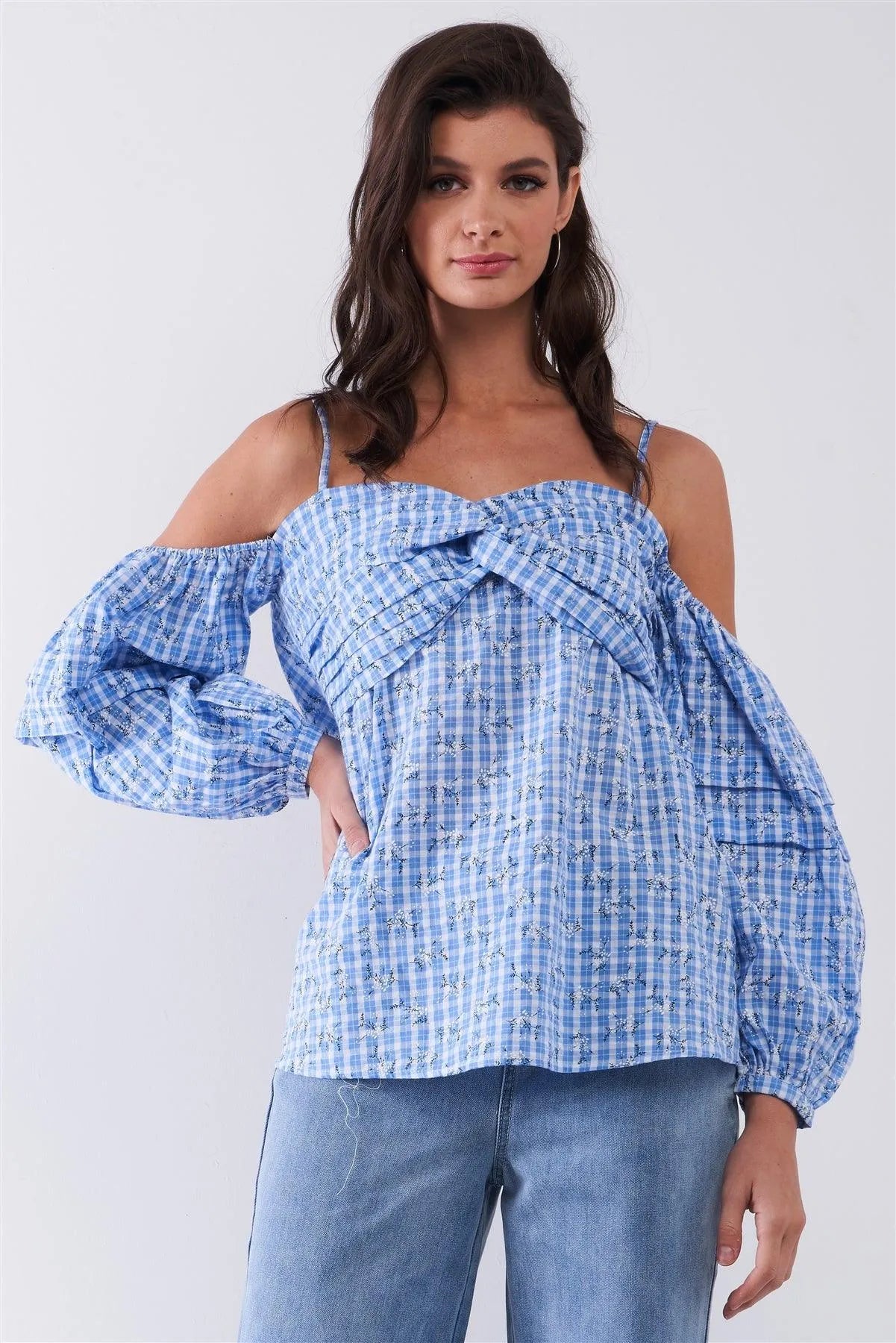 Blue & White Checkered Floral Print Off-The-Shoulder Balloon Sleeve Relaxed Blouse /1-2-1 - Tasha Apparel Wholesale