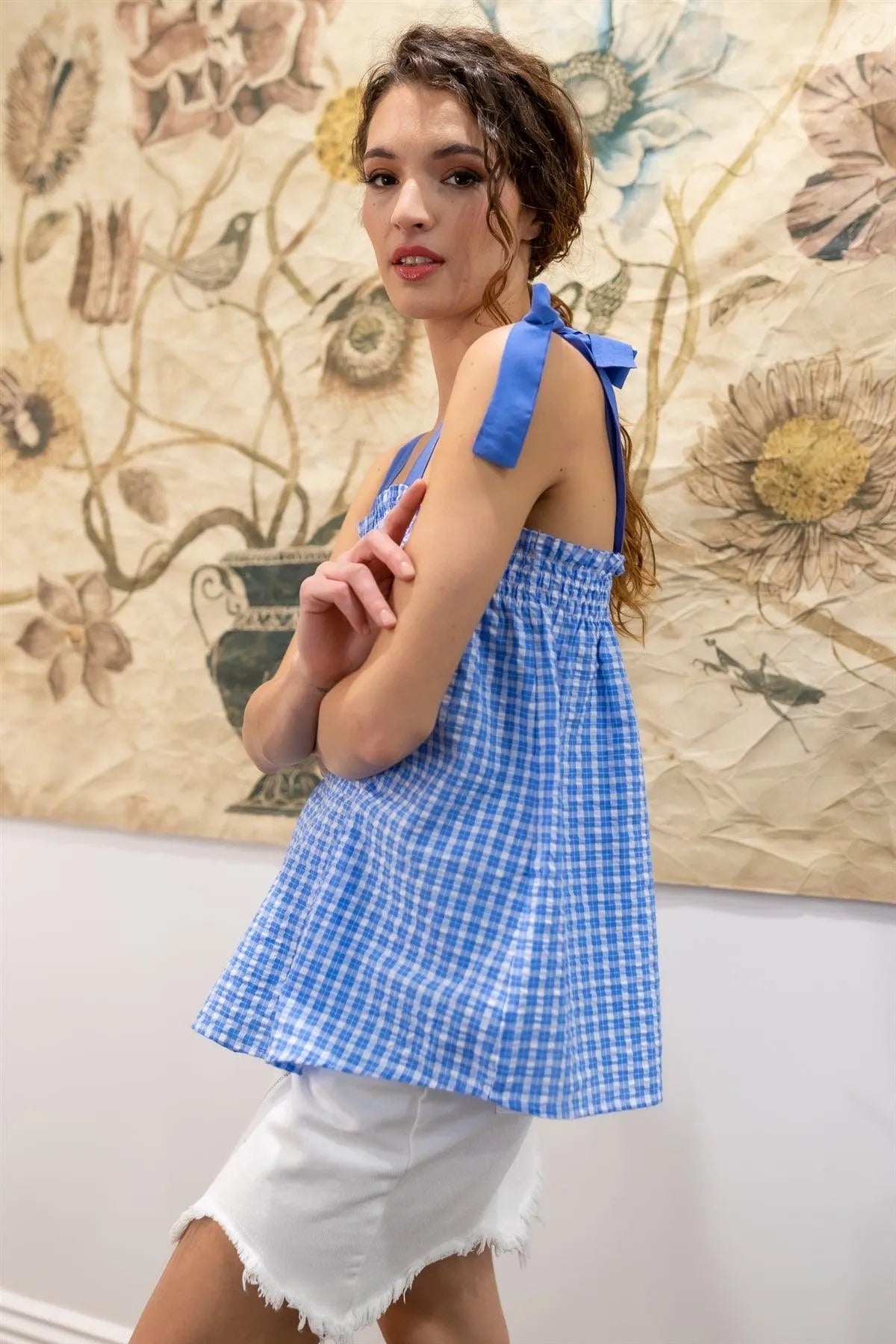 Blue & White Plaid Cotton Sleeveless Self-Tie Straps Top /1-2-2-1 - Tasha Apparel Wholesale