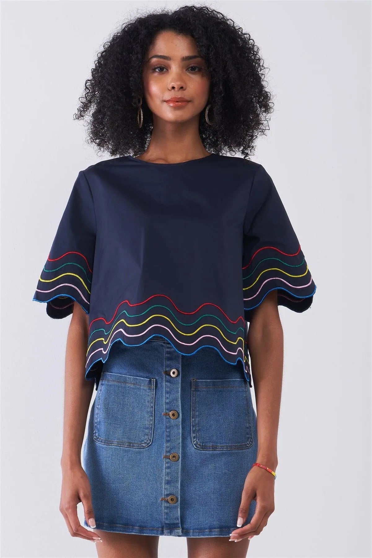 Navy Multi Waves Silk Embroidery Short Bell Sleeve High Neck Relaxed Fit Top /1-2-2-1 - Tasha Apparel Wholesale
