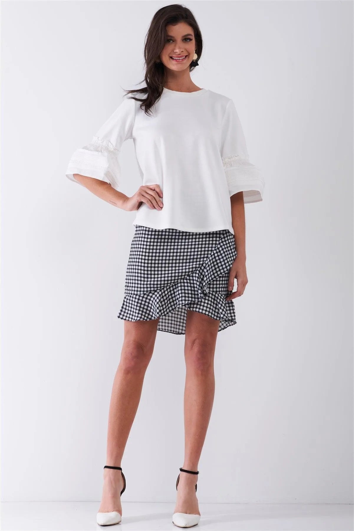 White Solid Pleated Detail Bell Midi Sleeve Relaxed Top /1-2-2-1 - Tasha Apparel Wholesale