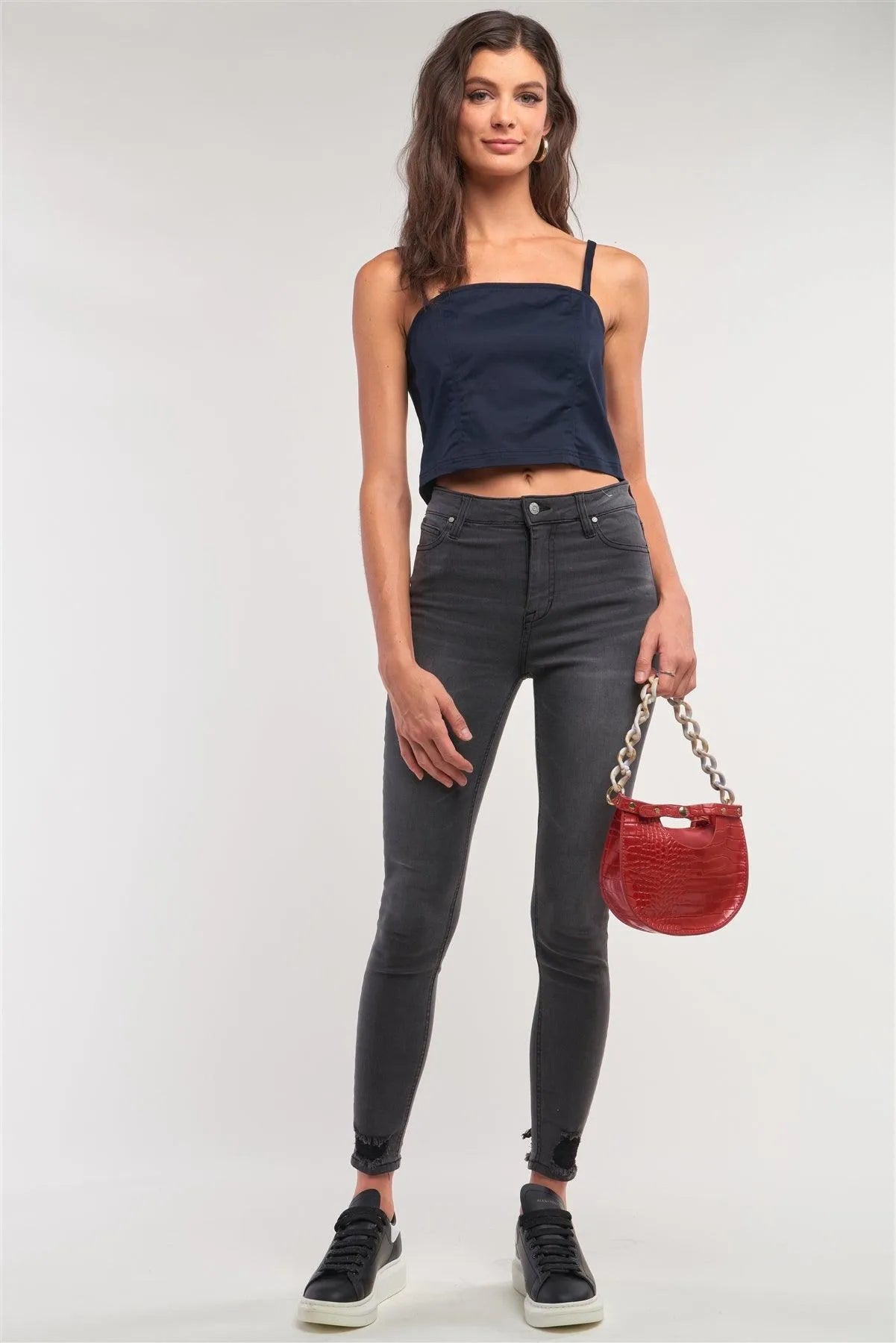 Navy Sleeveless Square Neck Back Zipper Closure Cropped Top /1-3-1 - Tasha Apparel Wholesale