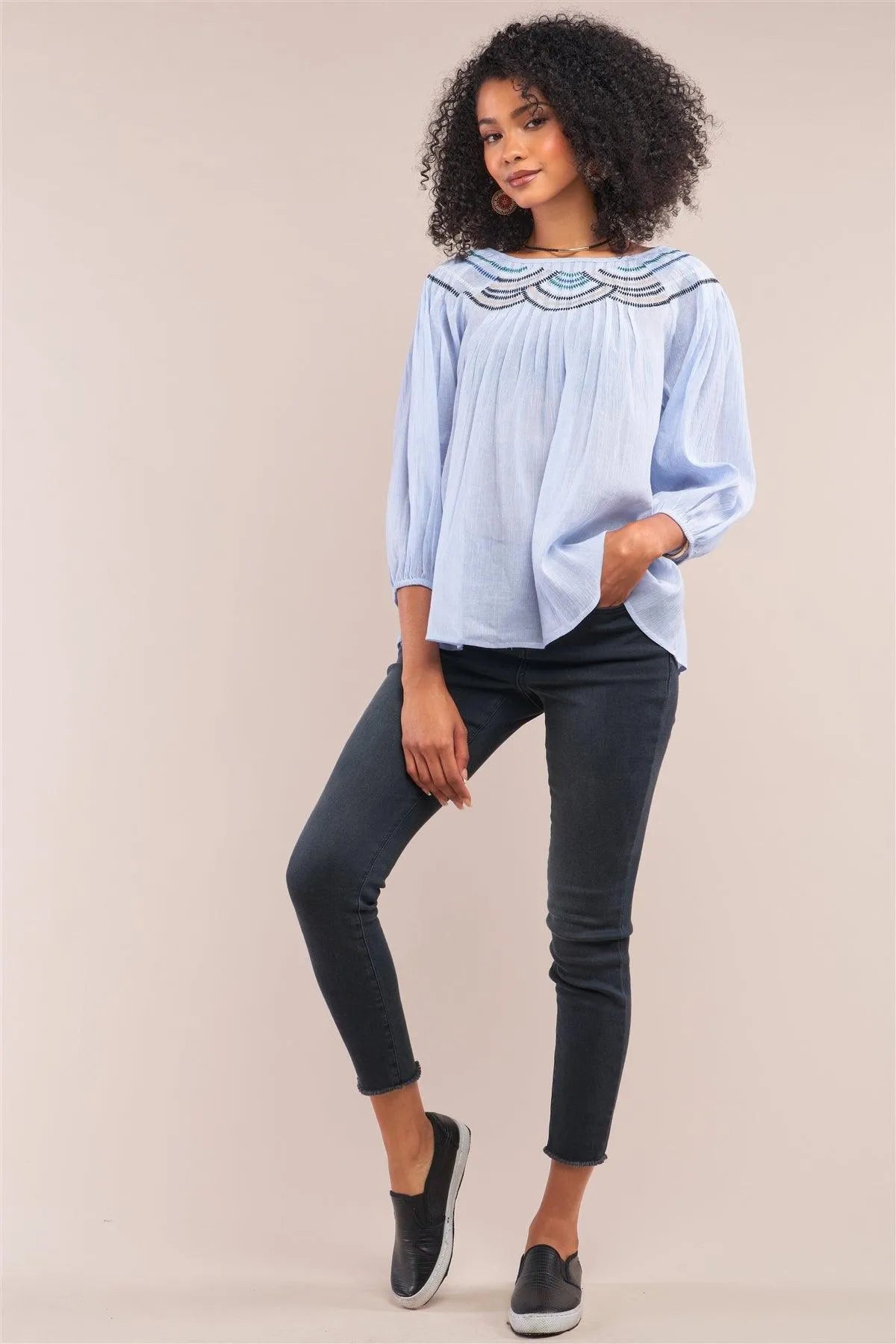 Denim Blue Striped Embroidery Trim Crew Neck Loose Fit Balloon Sleeve Blouse /1-2-2-1 - Tasha Apparel Wholesale