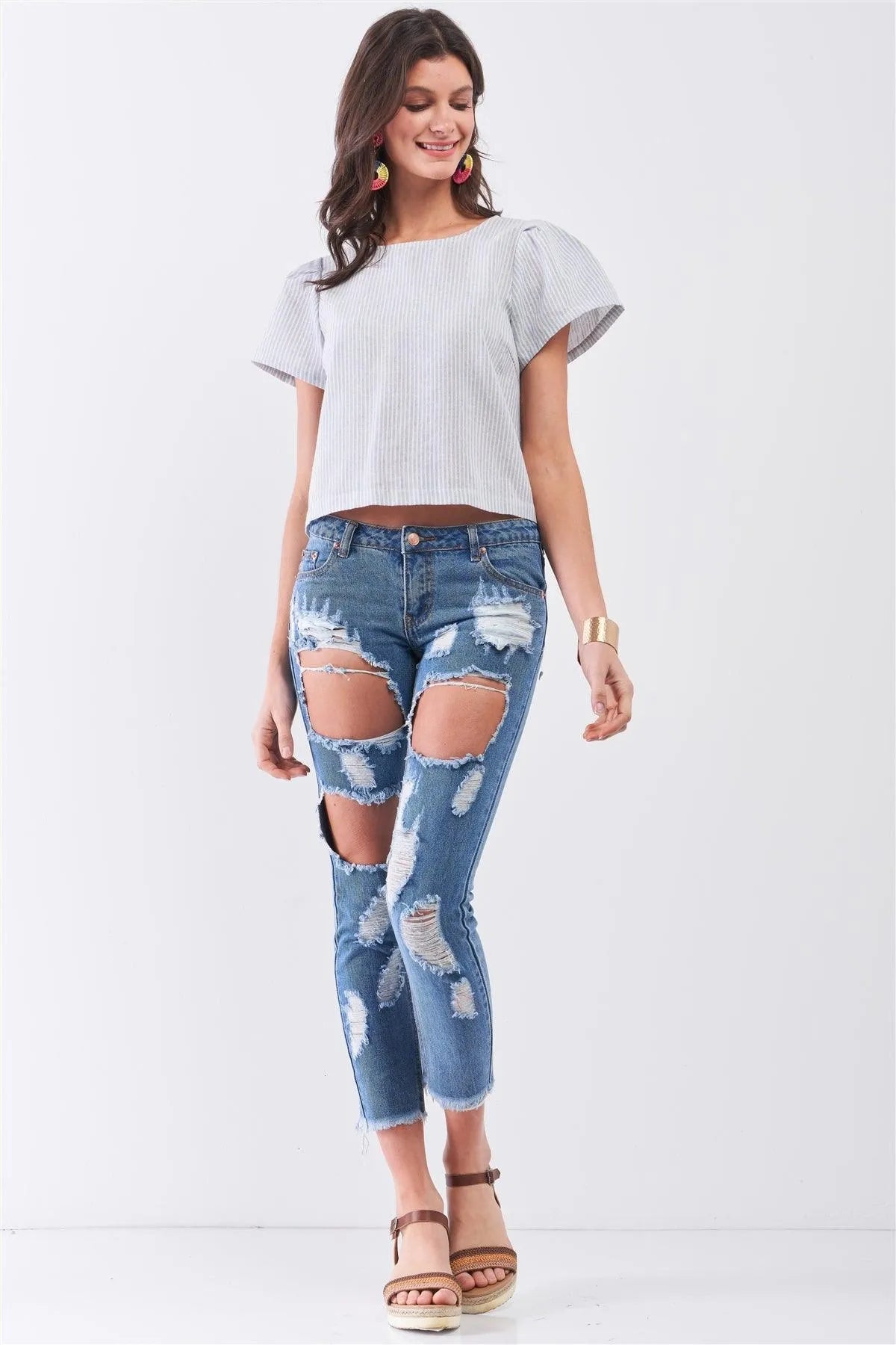 Blue Striped Self-Tie Back Triple Detail Puff Short Sleeve Exposed Back Crop Top /1-2-2-1 - Tasha Apparel Wholesale