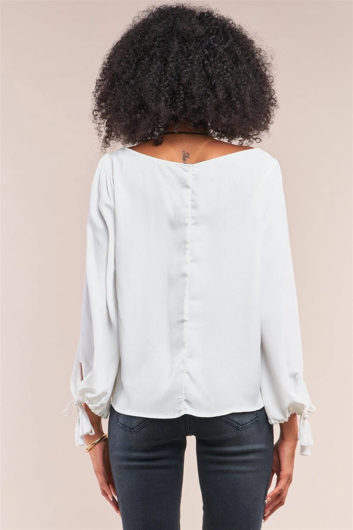 White Bateau Neck Relaxed Fit Tassel Tie Detail Long Sleeve Blouse /1-2-2-1 - Tasha Apparel Wholesale