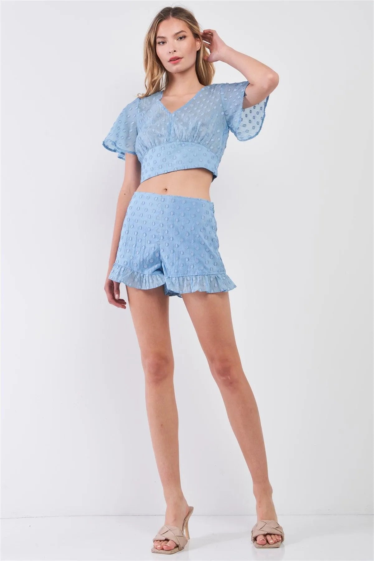 Sky Blue Polka Dot V Neck Short Angel Sleeve Cropped Length & High-Waisted Ruffle Hem Shorts Two Piece Set /1-2-2-1 - Tasha Apparel Wholesale