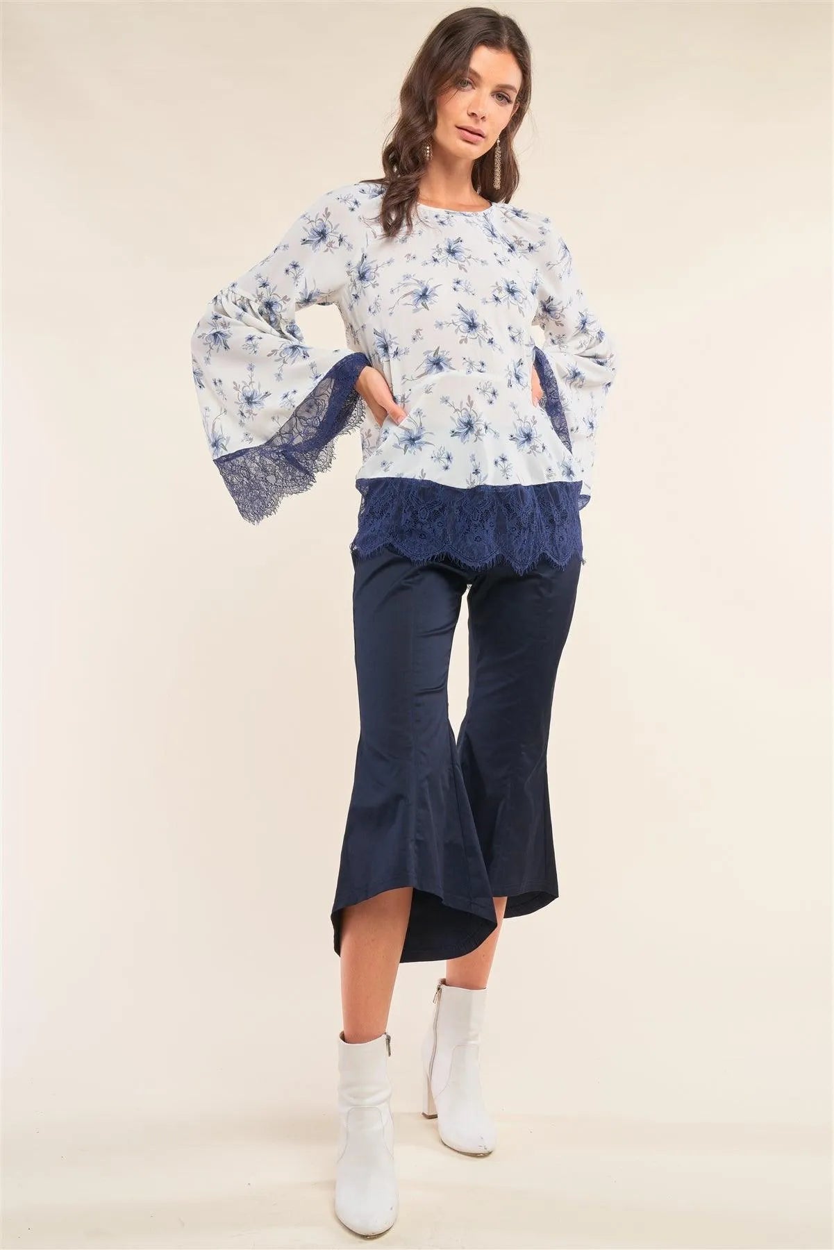 White&Blue Floral Print Relaxed Fit Round Neck Long Bell Sleeve Lace Hem Detail Blouse /1-2-2-1 - Tasha Apparel Wholesale