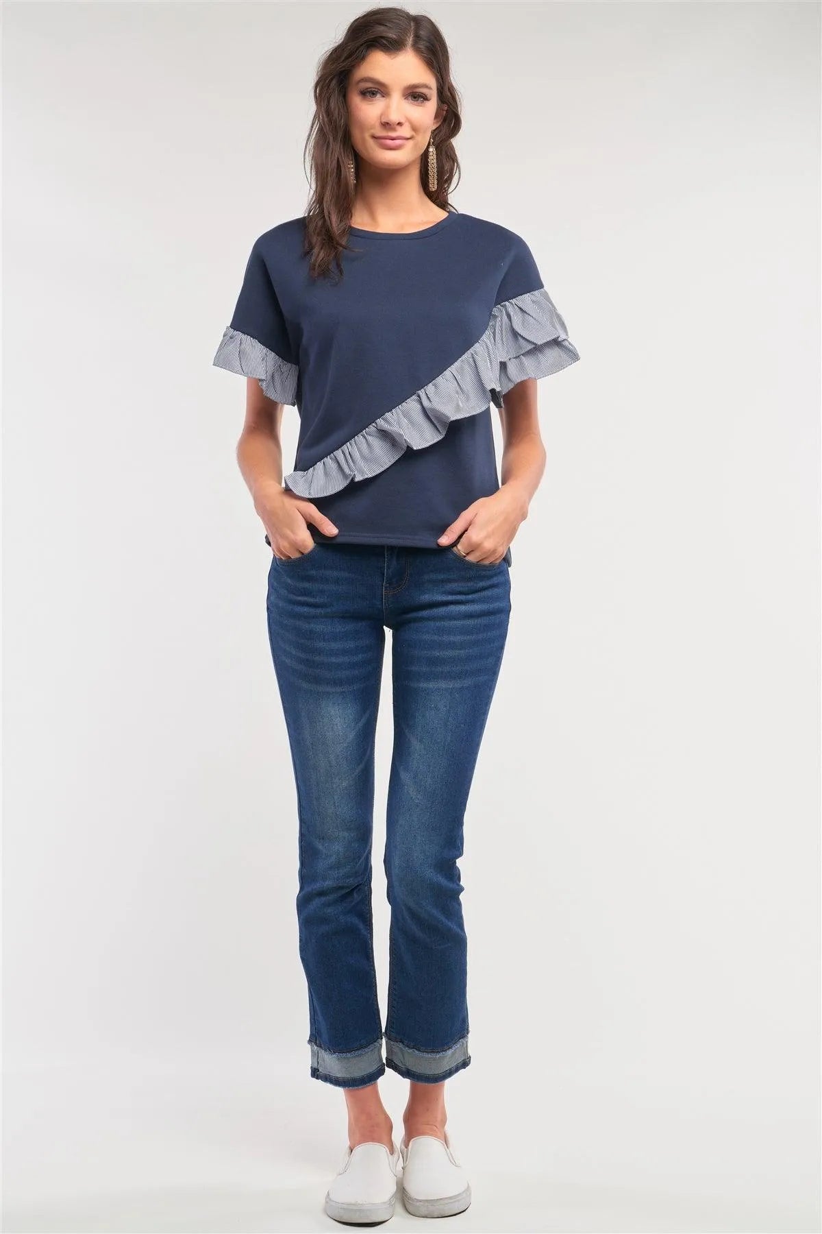 Navy Loose Fit Round Neck Striped Ruffle Trim Detail Top /1-2-2-1 - Tasha Apparel Wholesale