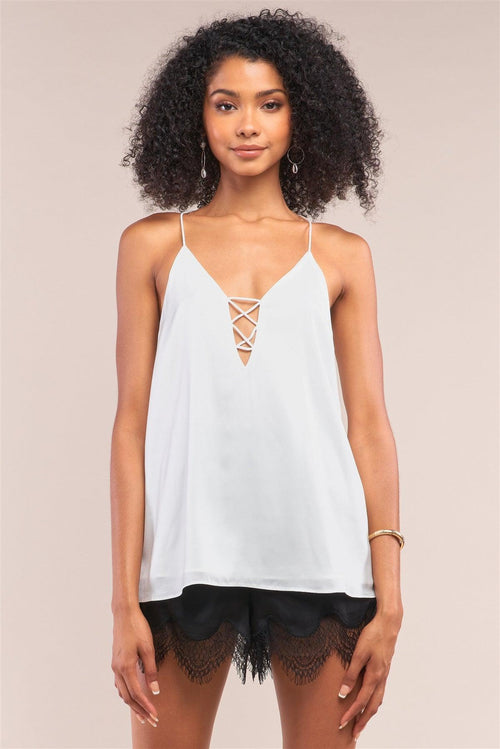 White Sleeveless V-Neck Side Cris Cross Cut-Out Loose Fit Top /1-1-3-1