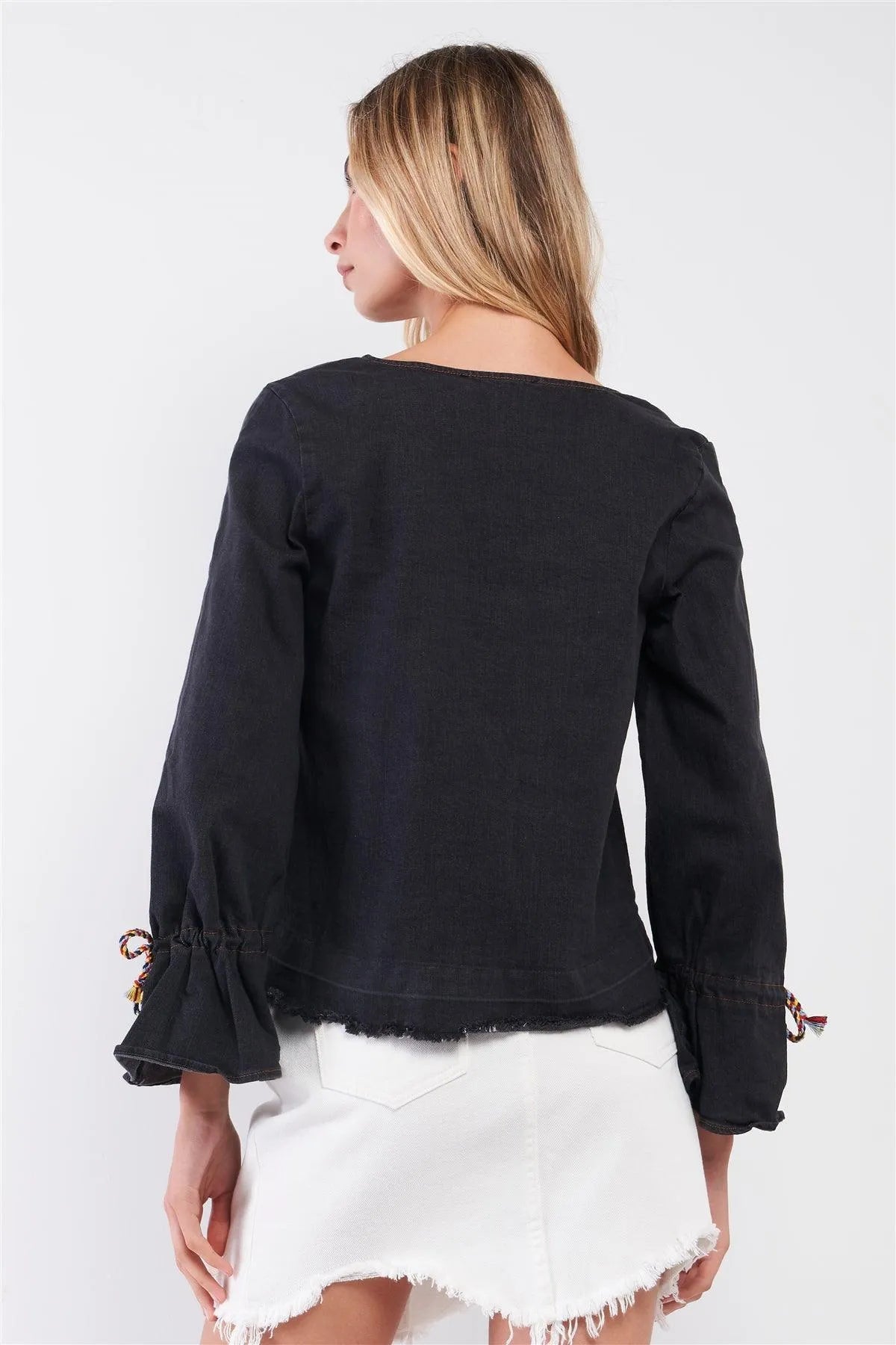 Black Denim V-Neck Long Rainbow Sack-Tie Flare Sleeve Detail Raw Hem Loose Fit Top /2-1-2 - Tasha Apparel Wholesale