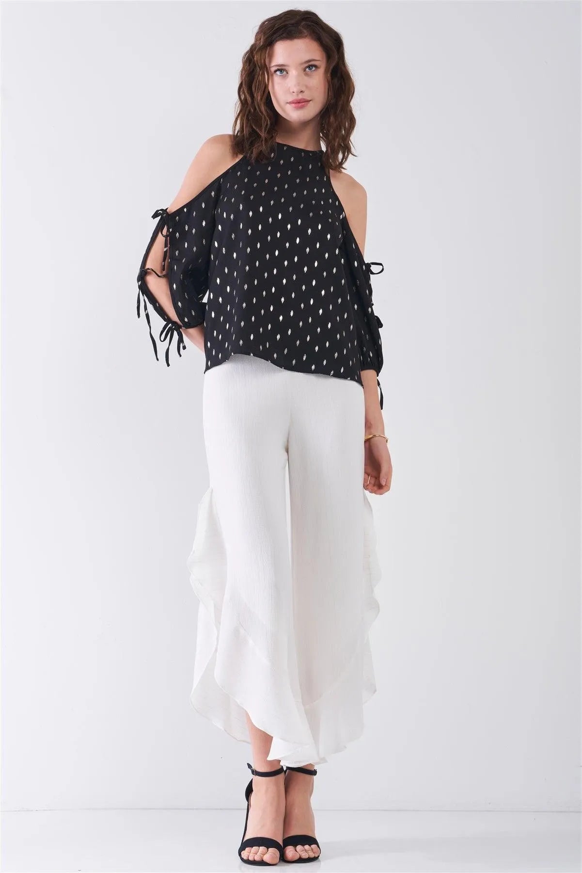 Black & Gold Print Cold Shoulder Detail Round Neck Self-Tie Balloon Sleeve Relaxed Top /2-2-1 - Tasha Apparel Wholesale