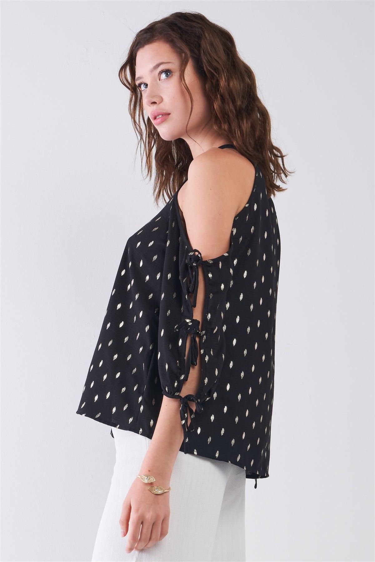 Black & Gold Print Cold Shoulder Detail Round Neck Self-Tie Balloon Sleeve Relaxed Top