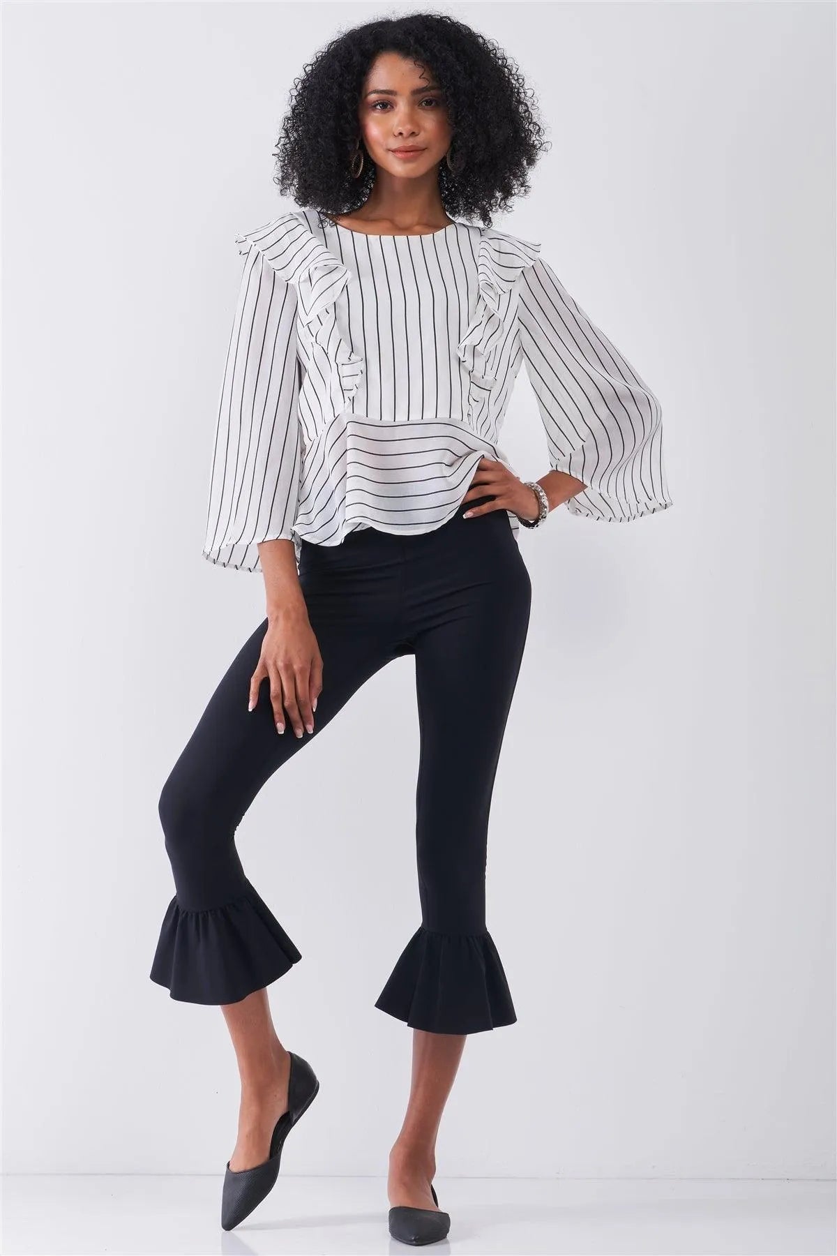 White & Black Pinstriped Ruffle Trim Angel Sleeve Detail Relaxed Blouse /1-2-2-1 - Tasha Apparel Wholesale