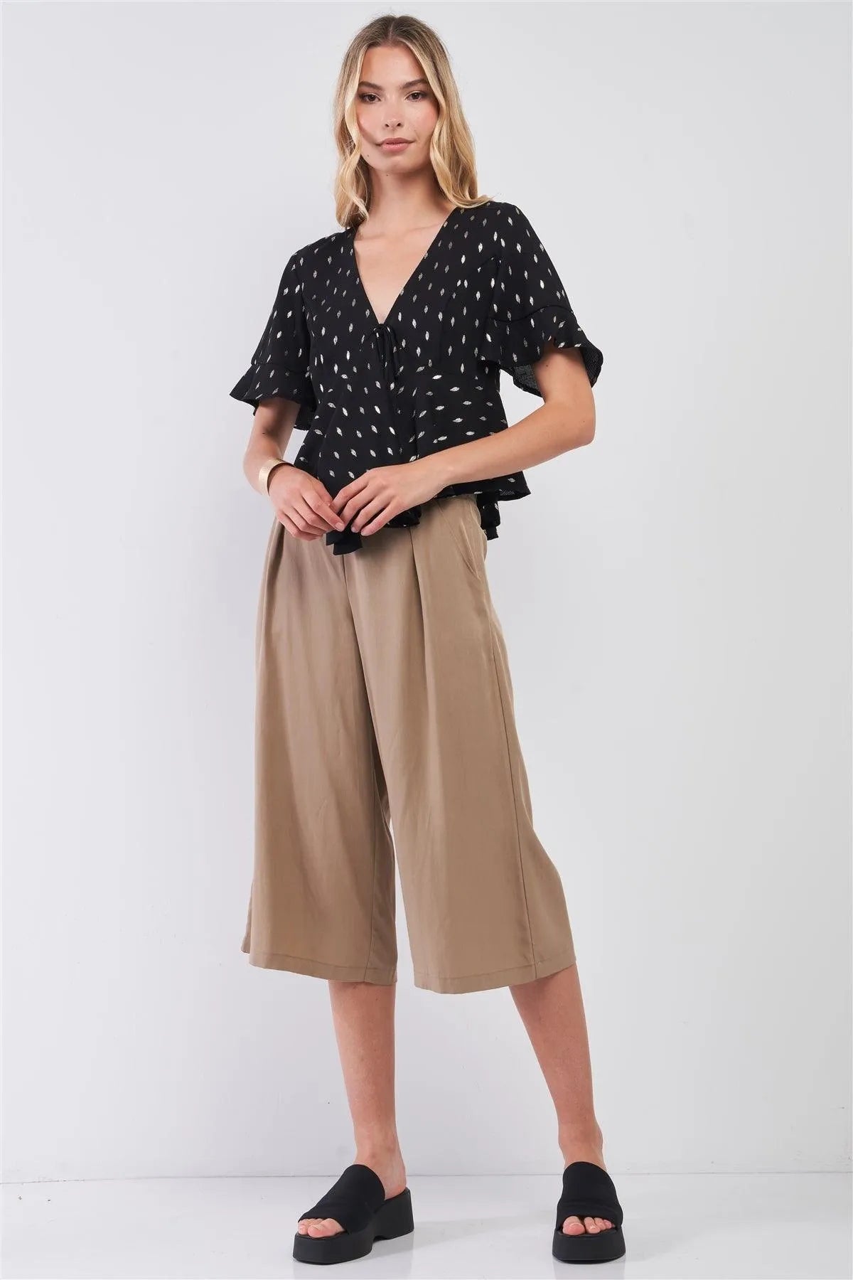 Black & Gold Brush Strokes Print V-Neck Short Angel Sleeve Tie Front Detail Top - Tasha Apparel Wholesale