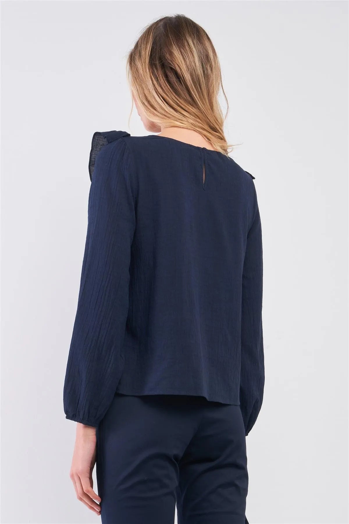Navy Boho Balloon Sleeve Ruffle Trim Pleated Front Detail Relaxed Top /1-2-2 - Tasha Apparel Wholesale