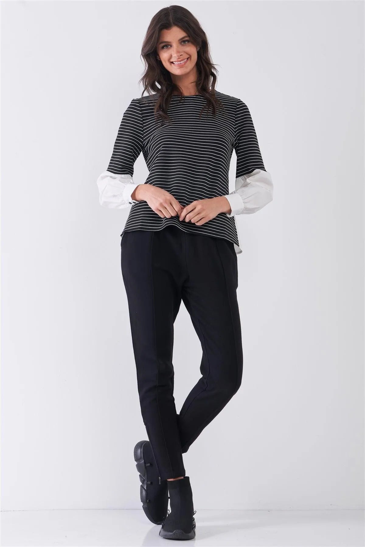 Black & White 2 in 1 Striped High Neck Long Balloon Sleeve Top /1-2-1 - Tasha Apparel Wholesale