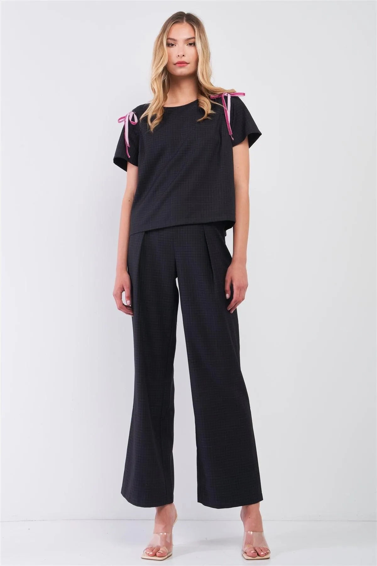 Charcoal Plaid Round Neck Short Sleeve Shoulder Lace Up Detail Top & High-Waisted Wide Leg Pants Two Piece Set /1-2-2-1 - Tasha Apparel Wholesale