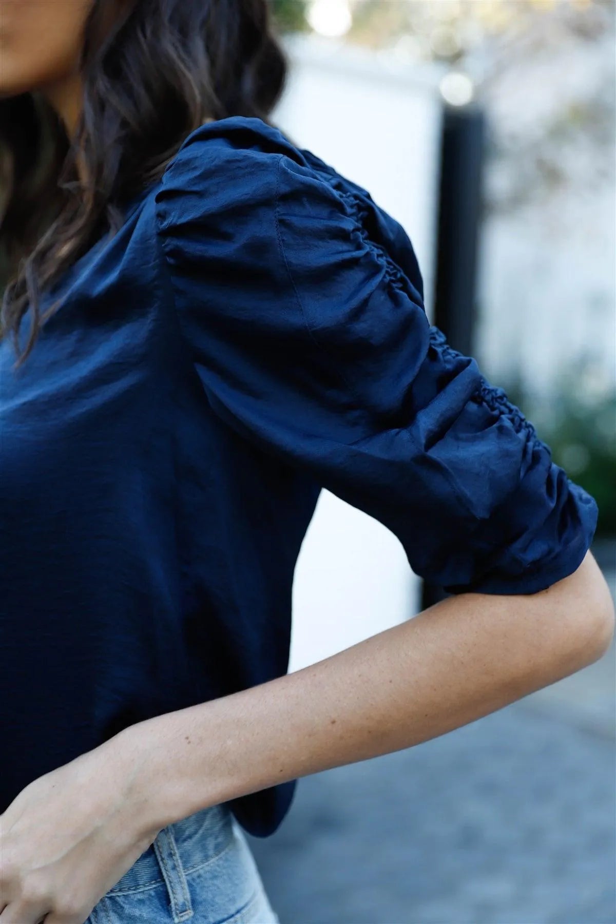 Navy Satin Effect V-Neck Ruched Puff Short Sleeve Top /1-2-2-1 - Tasha Apparel Wholesale