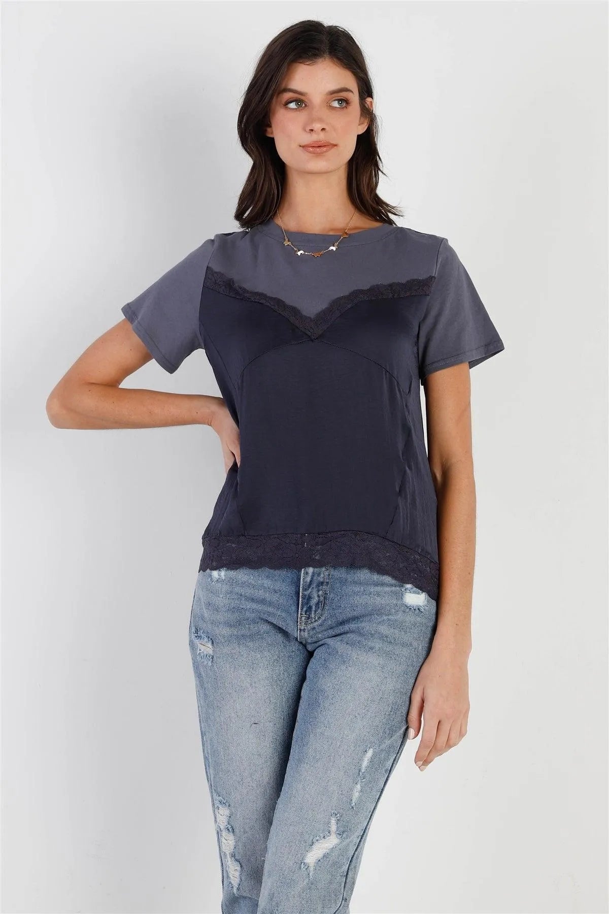 Blue Satin Effect Lace Trim Detail Short Sleeve Top /1-1-3-1 - Tasha Apparel Wholesale