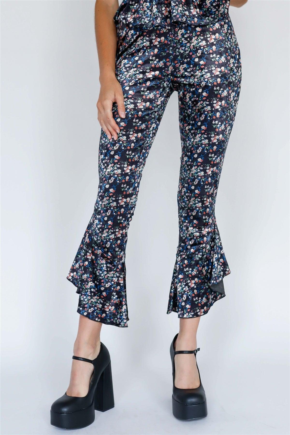 Black Multi Color Floral Print Velvet Top & Flare Hem Pants Set