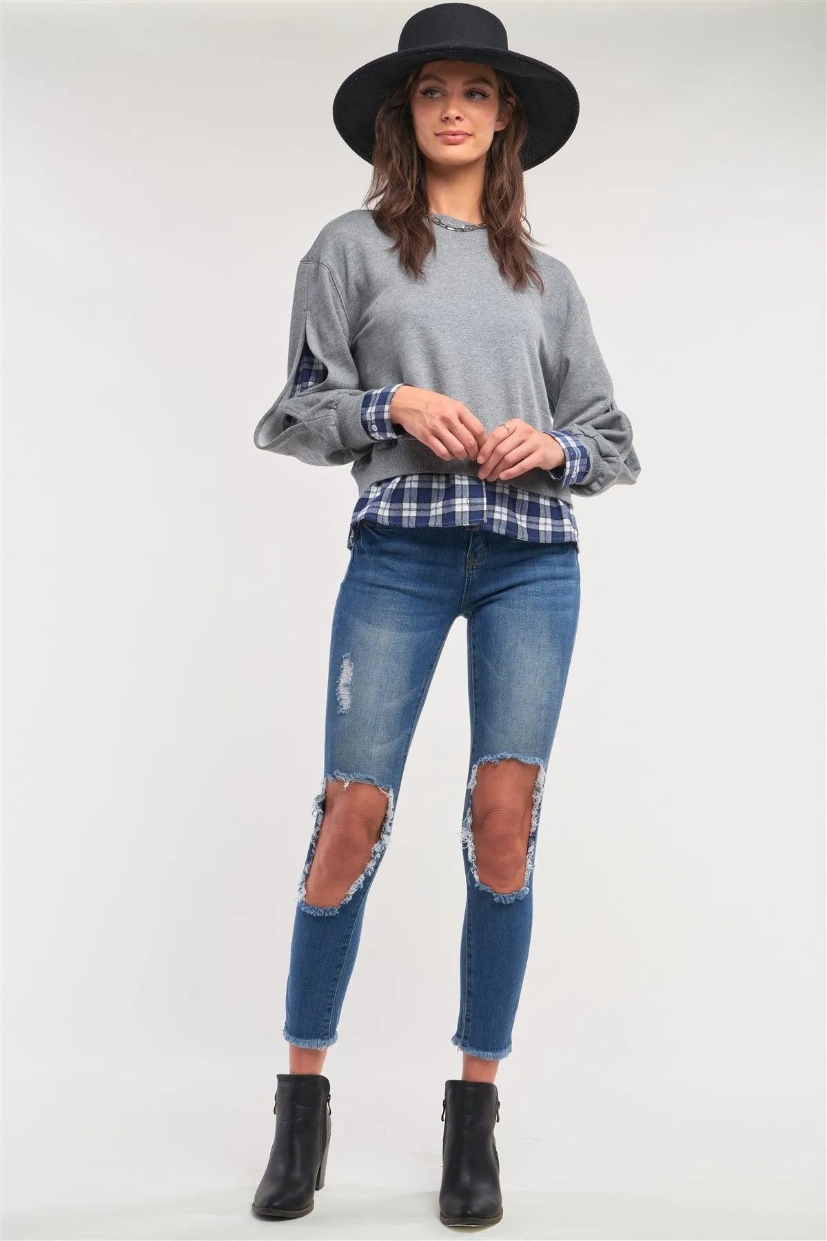 Grey Preppy Style Mock Shirt Checkered Flannel Hem Slit Sleeve Detail Sweater /1-2-2-1 - Tasha Apparel Wholesale