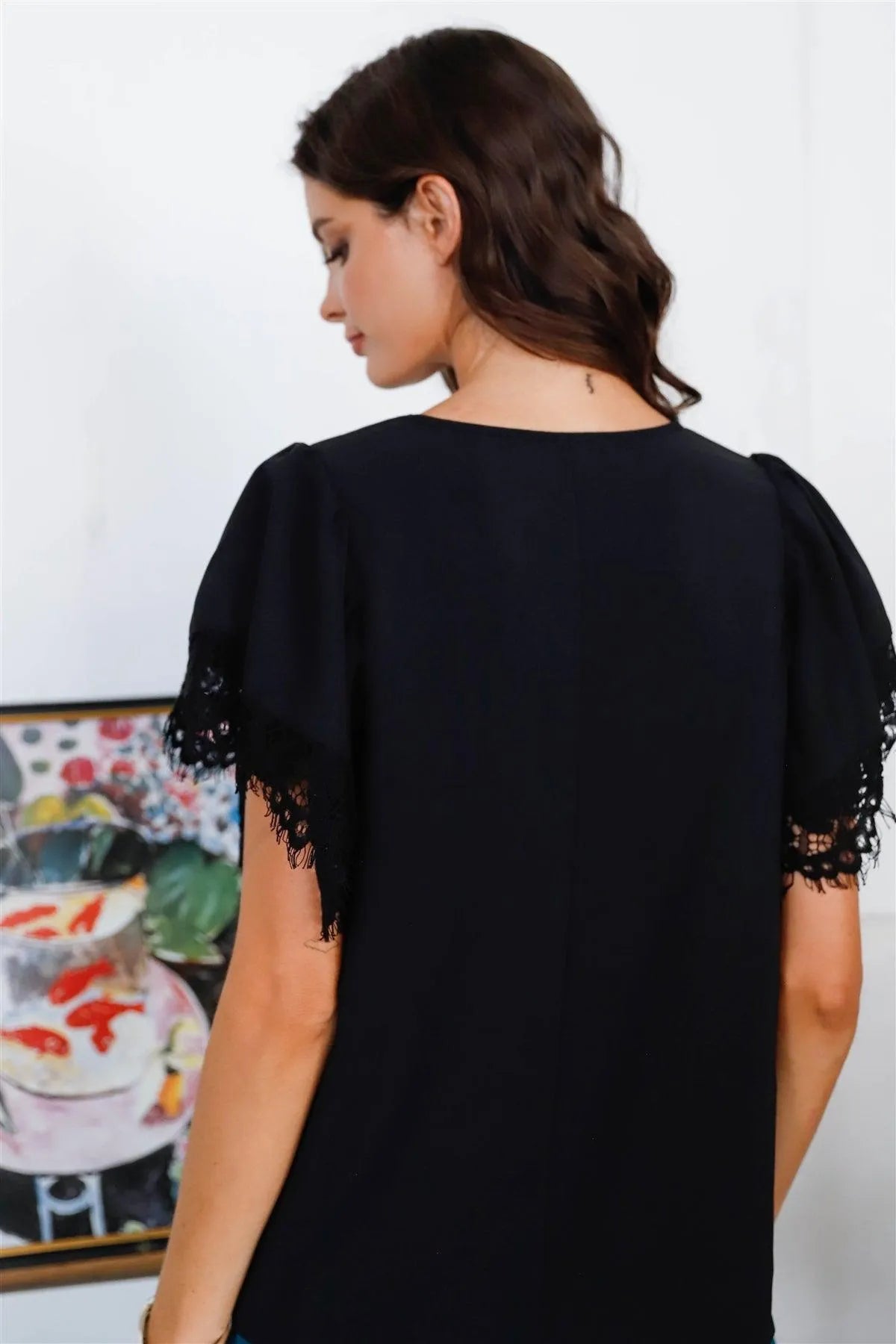 Black Lace Trim Detail Flowy Short Puff Sleeve Top /1-1-2-1 - Tasha Apparel Wholesale