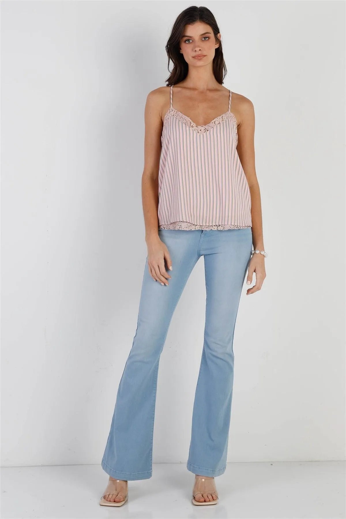 Pink Multi Color Stripe Lace Trim Sleeveless Cami Top /1-2-2-1 - Tasha Apparel Wholesale