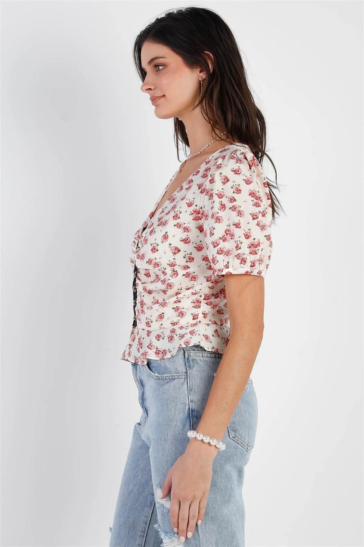 Ivory Rose Print Front Contrast Hook & Eye Detail Balloon Short Sleeve Top /1-2-2-1 - Tasha Apparel Wholesale