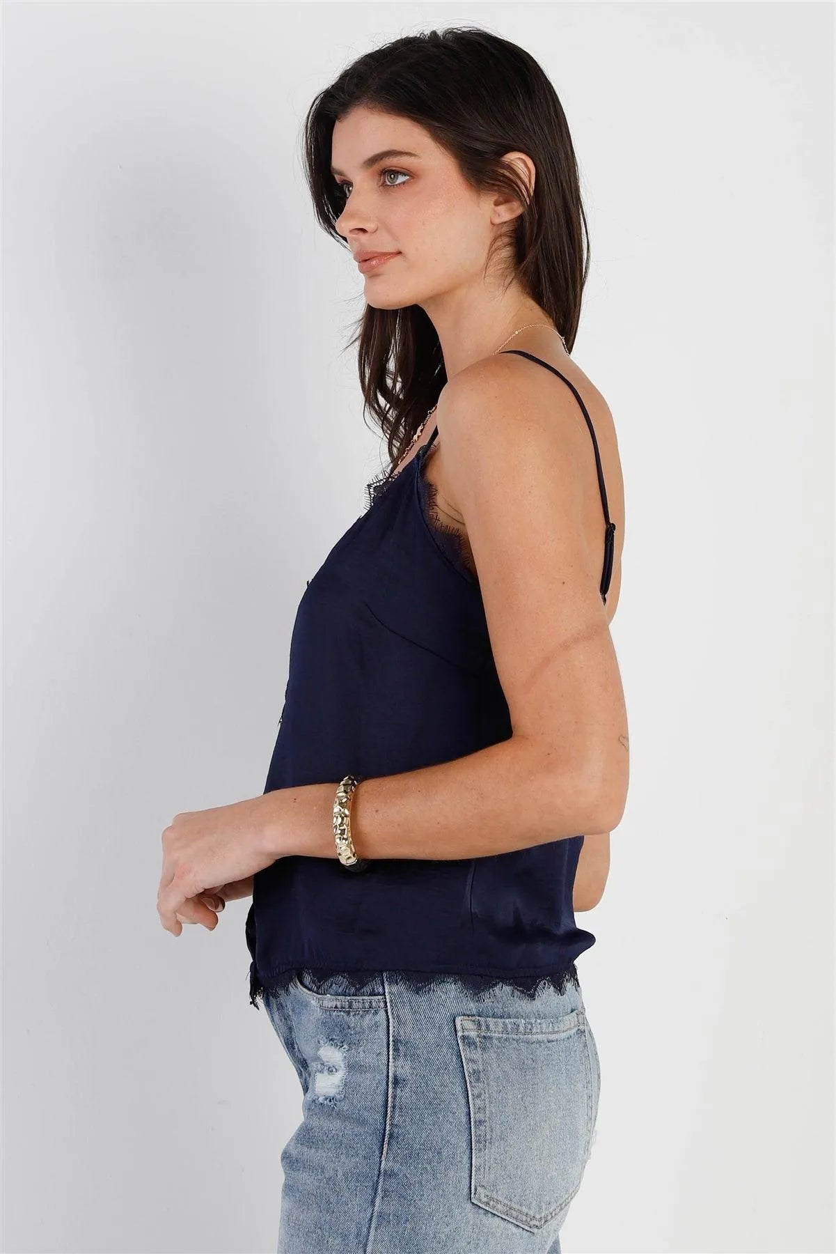Navy Satin Effect Button Up Lace Trim Cami Top /1-2-2-1 - Tasha Apparel Wholesale