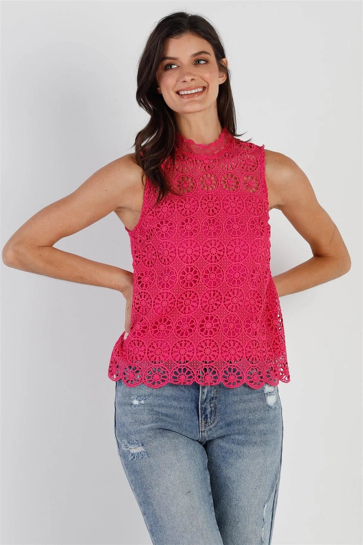 Fuchsia Embroidered Lace Mock Neck Sleeveless Top /1-2-2-1 - Tasha Apparel Wholesale