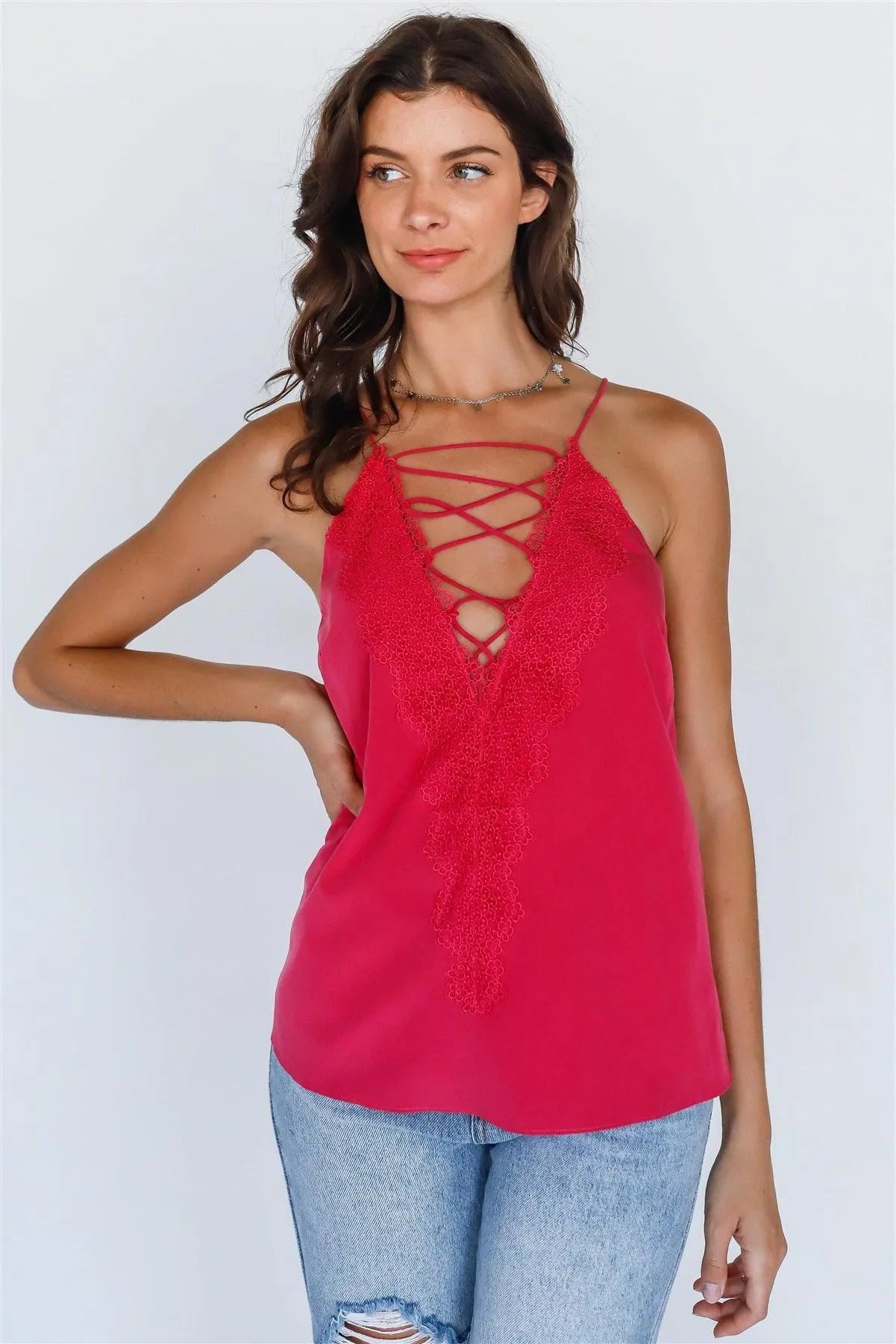 Berry Lace Down Trim Detail Sleeveless Top /1-3-2 - Tasha Apparel Wholesale