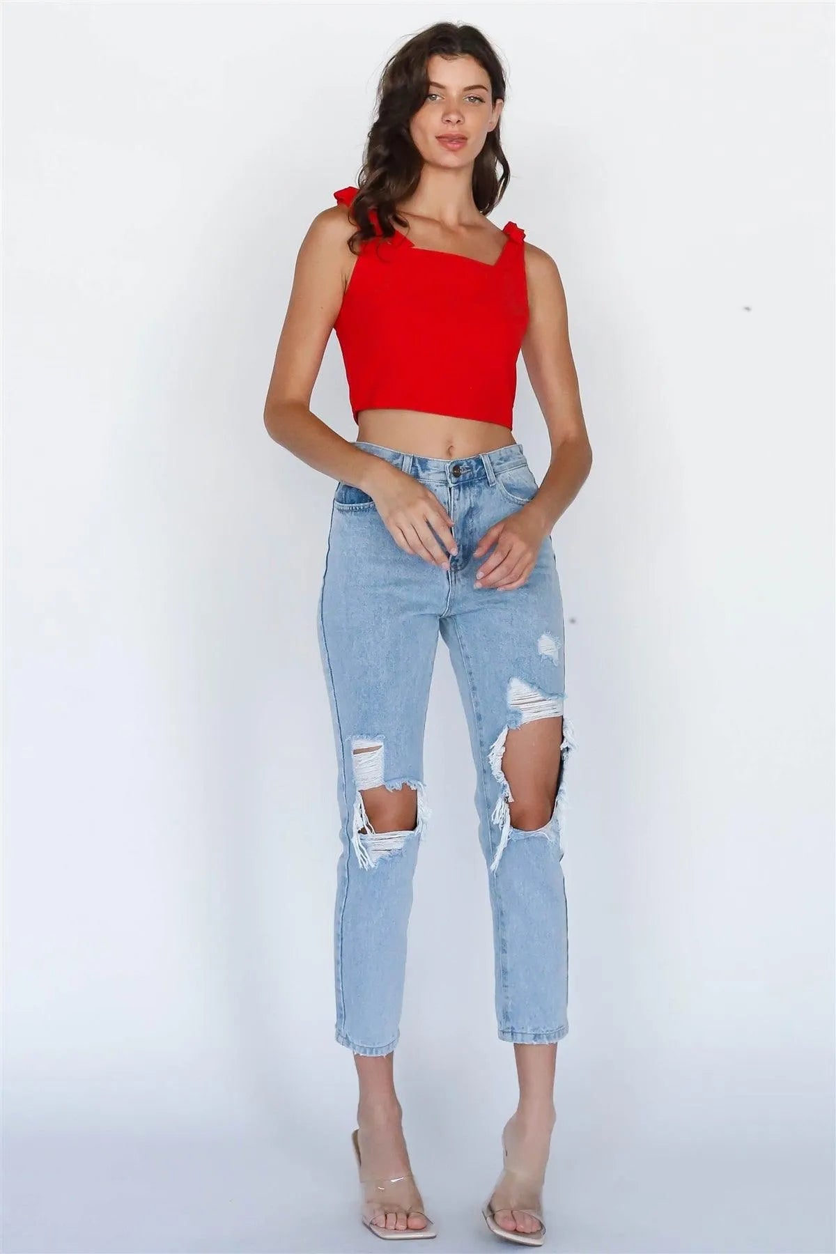 Red Self-Tie Strap Square Neck Crop Top - Tasha Apparel Wholesale