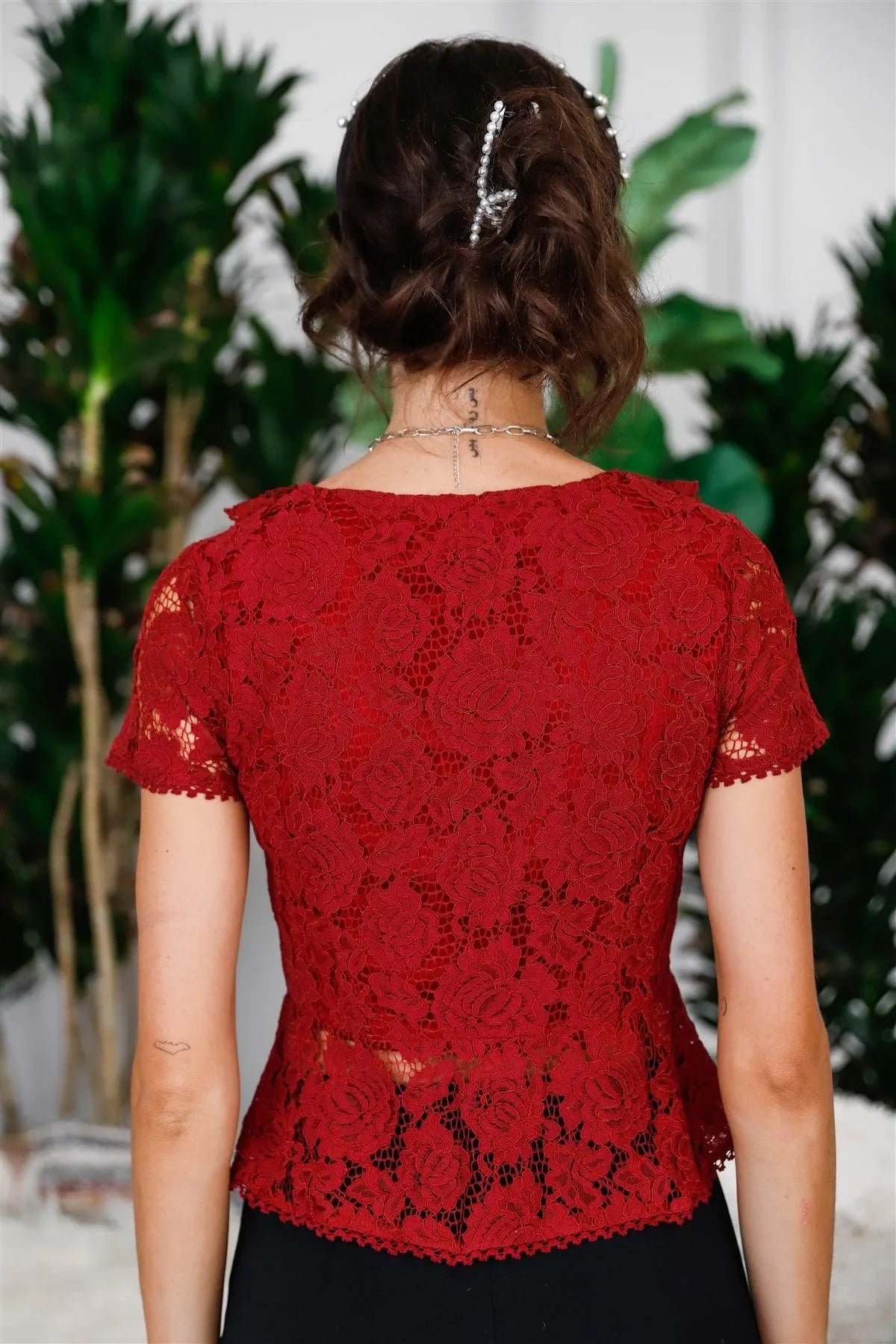 Burgundy Cotton Floral Lace Ruffle Trim Wrap Top /1-2-2 - Tasha Apparel Wholesale